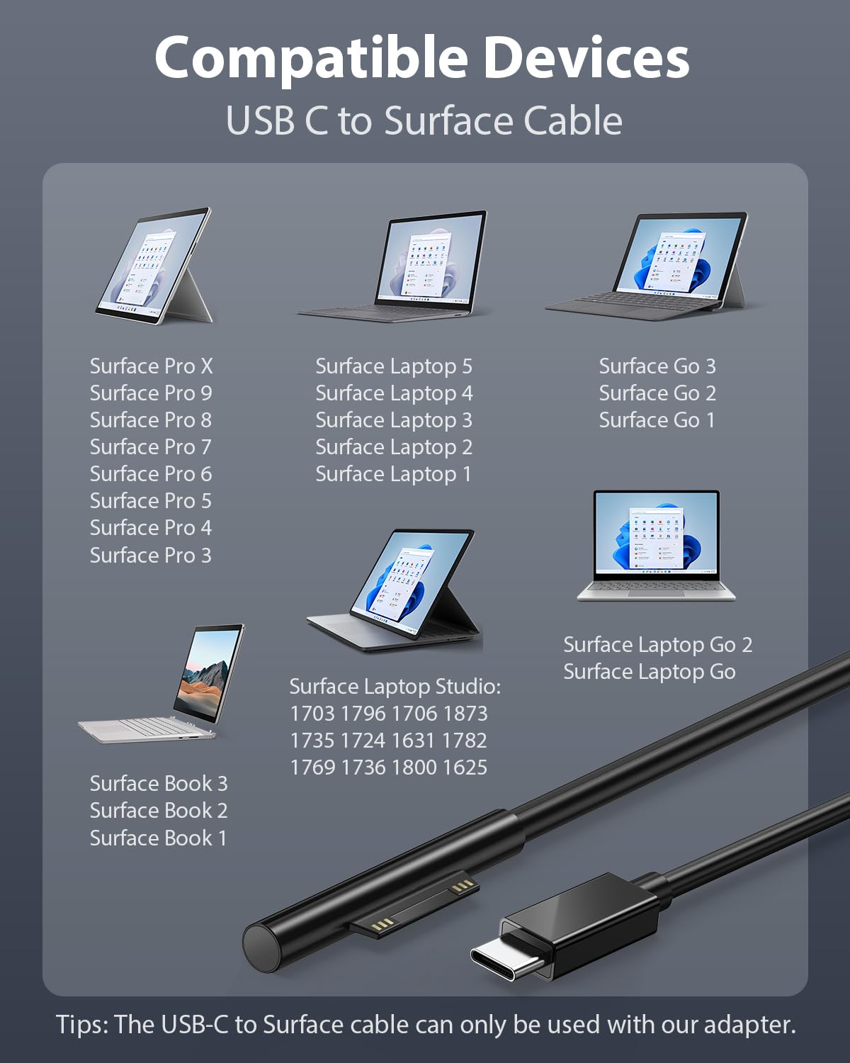 USB C Ladegerät 65 W mit Surface Ladekabel Kompatibel mit Surface Pro 9/8/7/6/5/4/3/2017 Surface Go/Laptop/Book 2-Port Surface Ladegerät