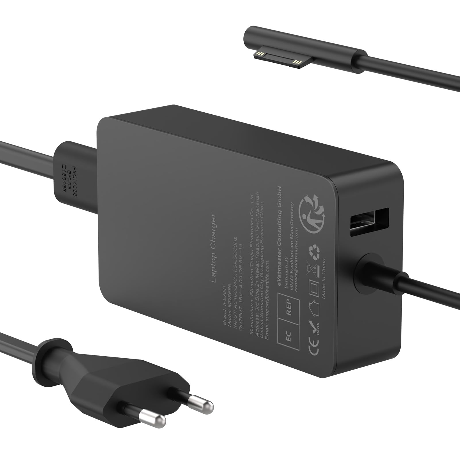 Surface Ladekabel 65W 15V 4A Ladegerät Kompatibel mit Microsoft Surface Pro 11/10/9/8/7/Pro 7+/6/5/4/3/X, Sur-face Laptop 7/6/5/4/3/2, Go 4/3/2, Book 3/2/1, 65W Netzteil mit USB-Port