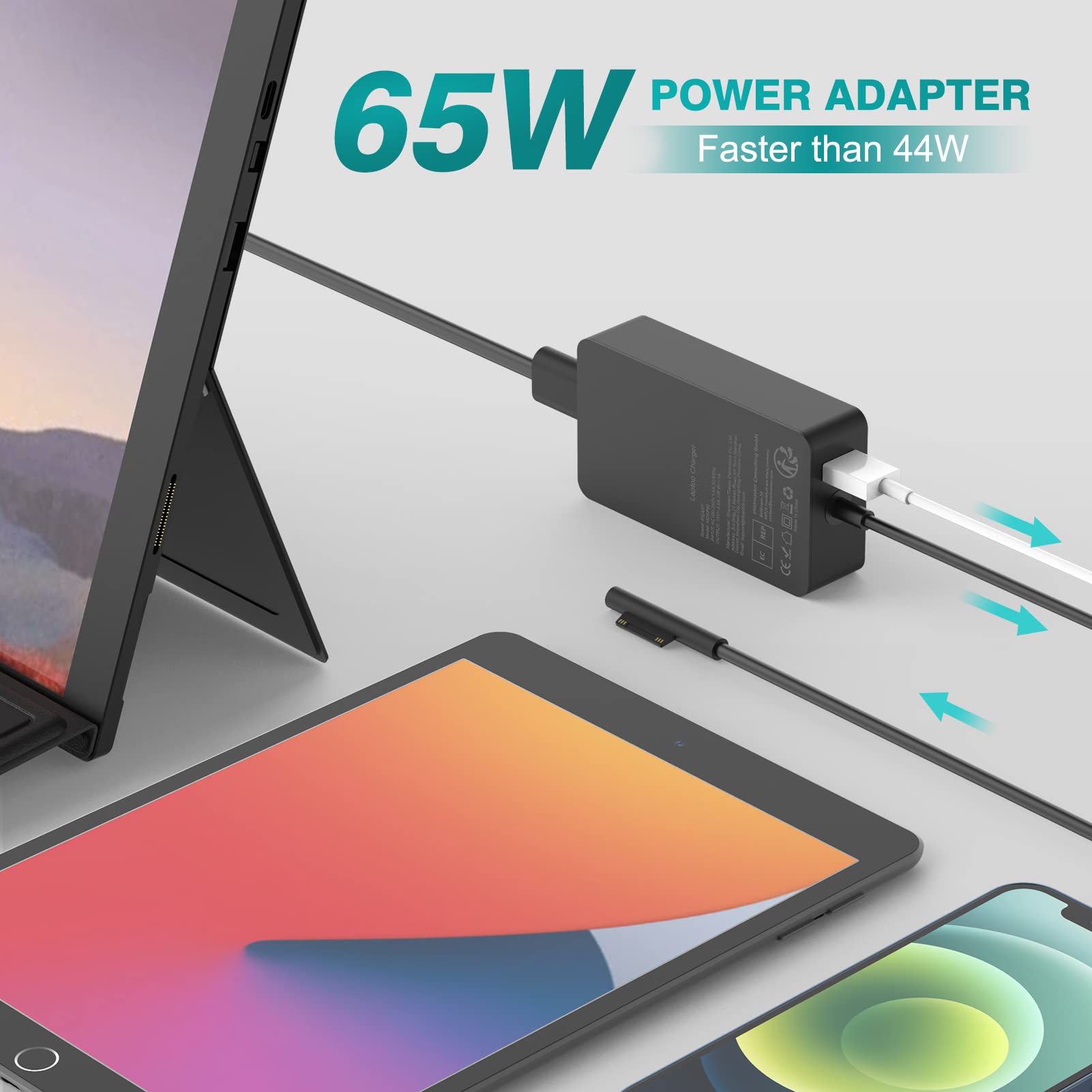 Surface Ladekabel 65W 15V 4A Ladegerät Kompatibel mit Microsoft Surface Pro 11/10/9/8/7/Pro 7+/6/5/4/3/X, Sur-face Laptop 7/6/5/4/3/2, Go 4/3/2, Book 3/2/1, 65W Netzteil mit USB-Port