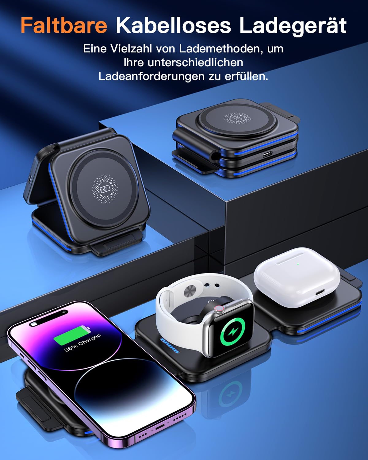ZUMSEY 3 in 1 Faltbare Kabellose Ladestation, Induktive Ladestation für Apple Watch und iPhone, Wireless Charger für iPhone 16 15 14 13 12 11 Pro Max, für iWatch 10/9/Ultra/8/7/6/SE/5/4/3/AirPods