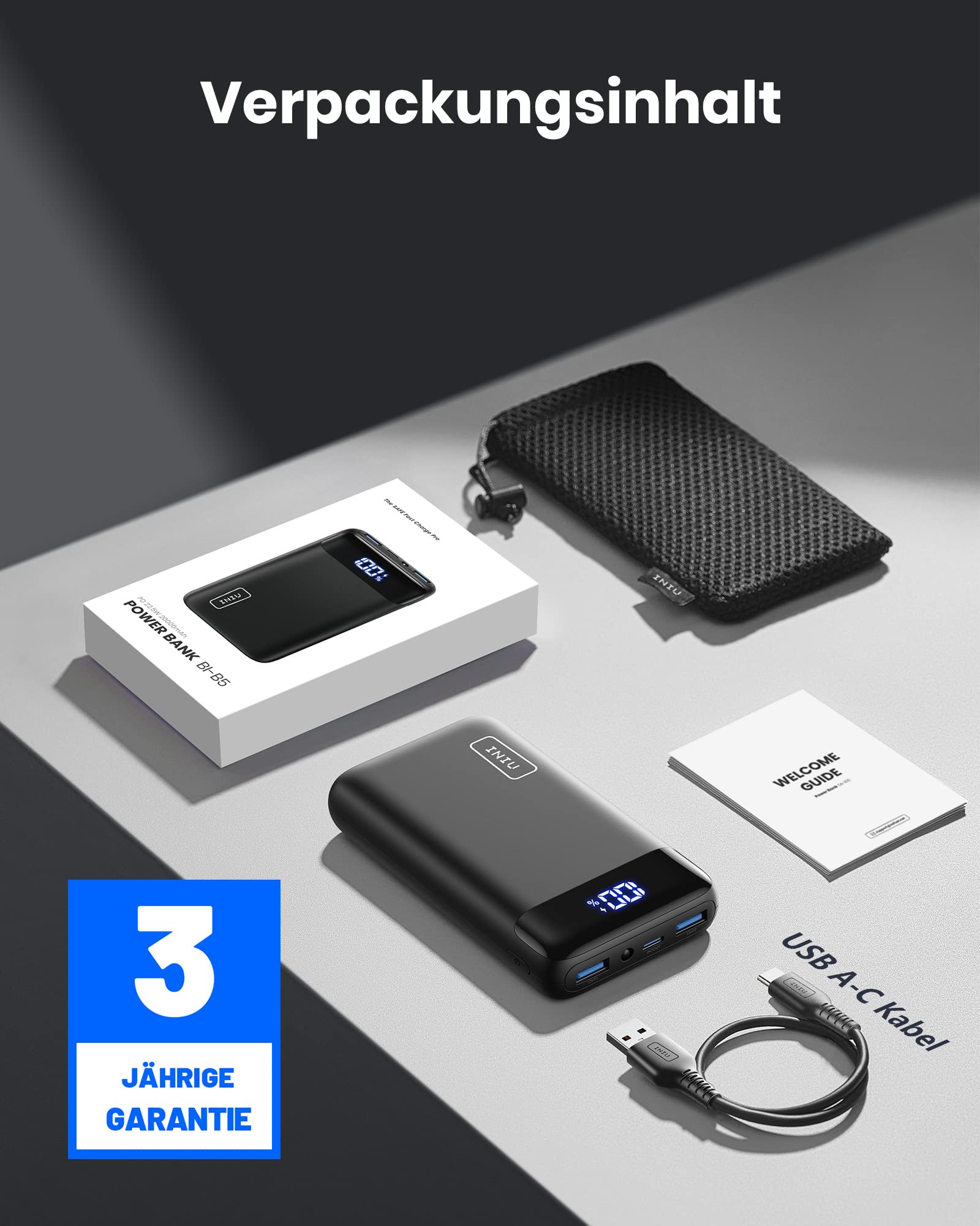 INIU Power Bank, 20000mAh 22.5W Klein Schnellladefunktion Powerbank 1 USB-C, 2 USB-A Mini Externe Handyakkus LED Display, Akkupack für iPhone 16 15 14 13 Xiaomi Samsung iPad Travel Camping Outdoor
