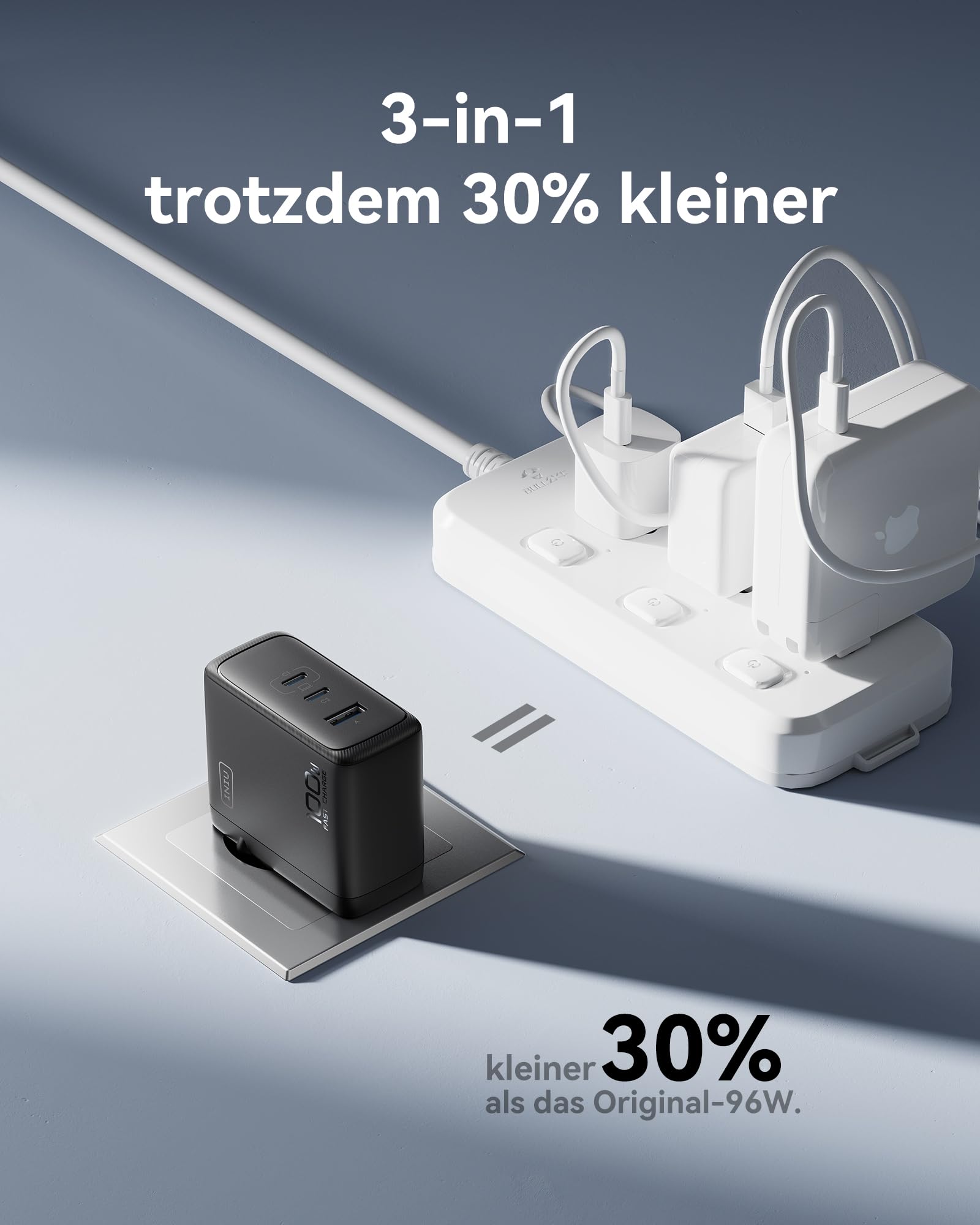 INIU 100W USB C Ladegerät, Laptop Schnellladegerät mit USB C Kabel, GaN 3-Port Mehrfach Netzteil für MacBook Air Pro, iPad, iPhone 16 15 14 Pro Max, Samsung Galaxy S25 S24 Ultra, Pixel, Switch 2 etc