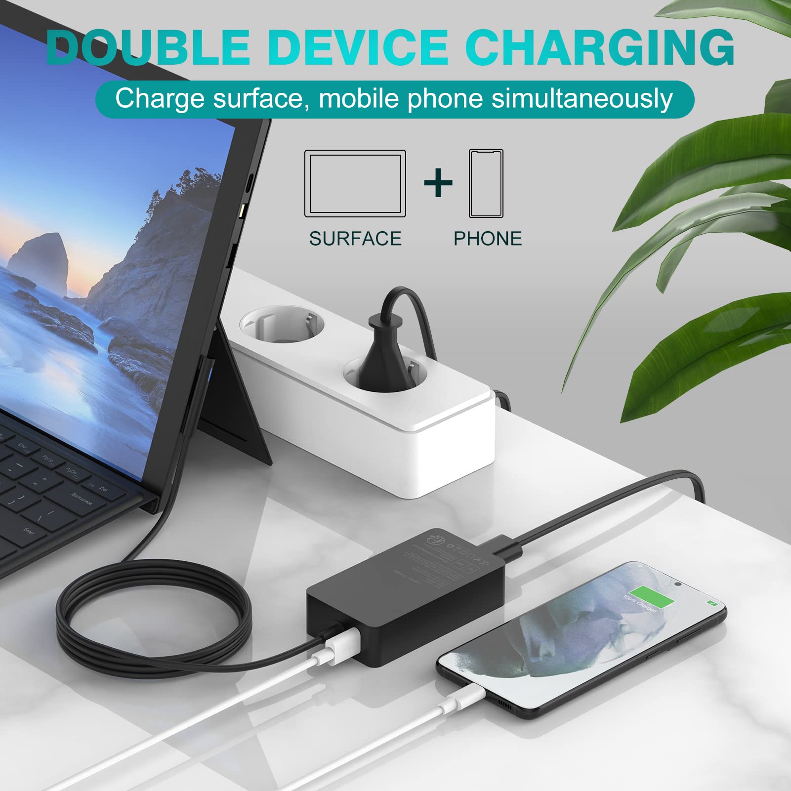 Surface Ladekabel 65W 15V 4A Ladegerät Kompatibel mit Microsoft Surface Pro 11/10/9/8/7/Pro 7+/6/5/4/3/X, Sur-face Laptop 7/6/5/4/3/2, Go 4/3/2, Book 3/2/1, 65W Netzteil mit USB-Port