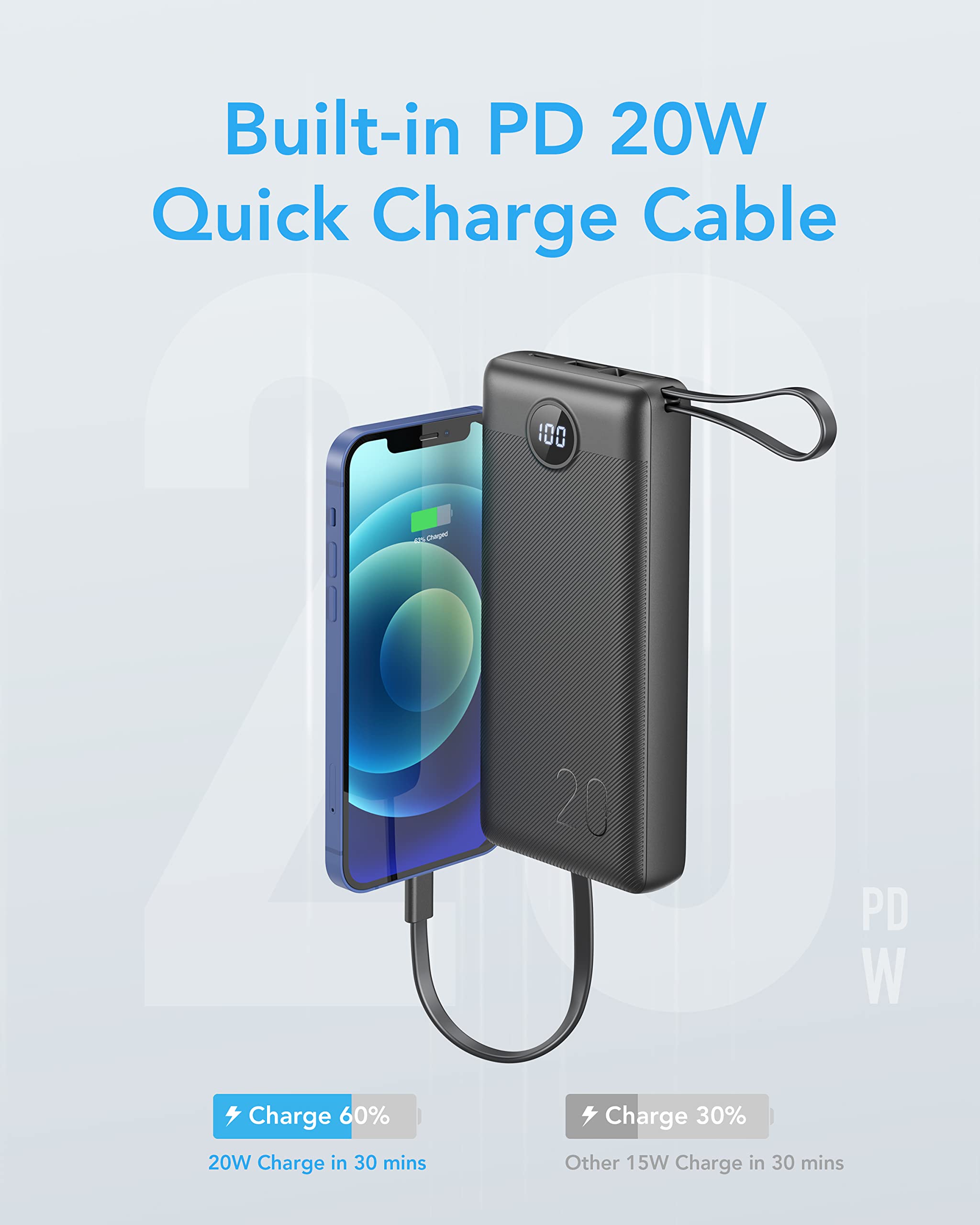 VRURC Powerbank 20000mAh mit Kabel USB C Power Bank Schnelles Aufladen 22.5W Tragbares LadegerÀt Fast Charging mit LED Display Externer Handyakkus Kompatibel mit iPhone, Huawei, Samsung usw