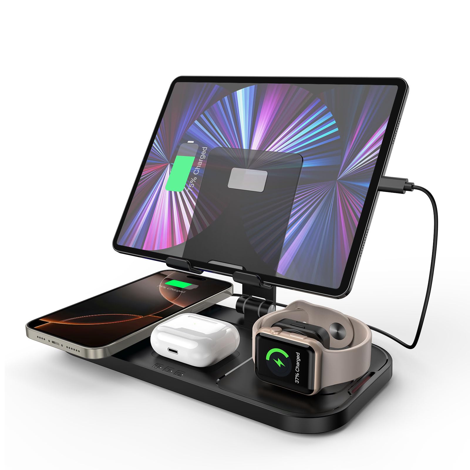 kabelloses Ladegerät für Apple, 4 in 1 Drahtlose Ladestation für iPhone 16/15/14/13/12/11, Ladestation für Apple Watch 10/9/8/7/6/SE, Ladegerät für AirPods 4/Pro, iPad, 2 Ladekabel Enthalten (Schwarz)