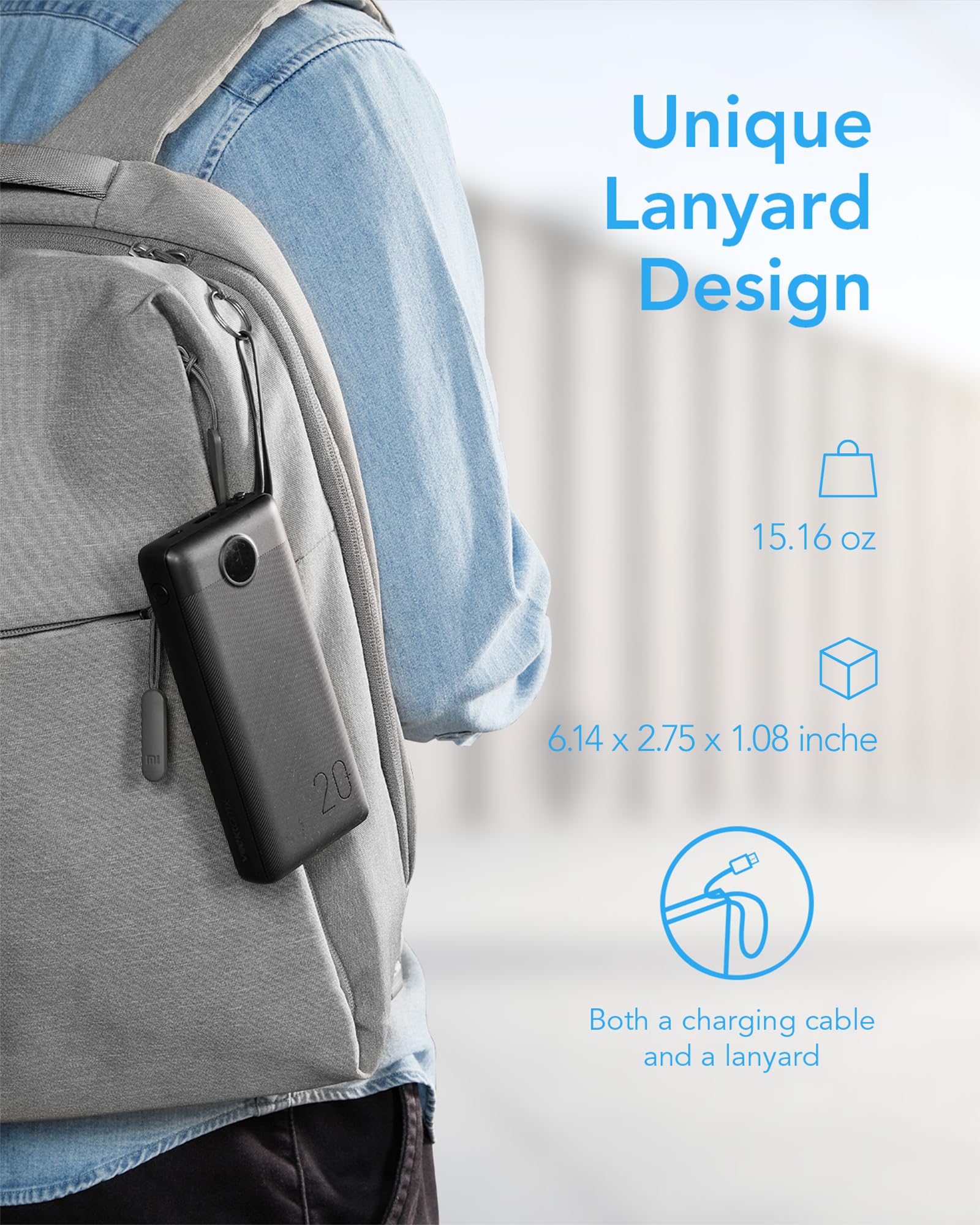 VRURC Powerbank 20000mAh mit Kabel USB C Power Bank Schnelles Aufladen 22.5W Tragbares LadegerÀt Fast Charging mit LED Display Externer Handyakkus Kompatibel mit iPhone, Huawei, Samsung usw