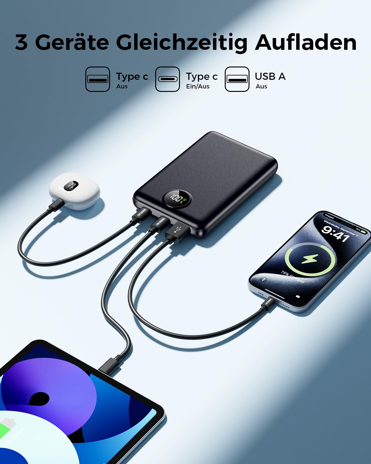 Power Bank 20000mAh, 22.5W Mini PowerBank USB-C Input & Output, PD 3.0 QC 3.0 Externe Handyakkus mit LED Display, Kompatibel mit iPhone 16 15 14 13