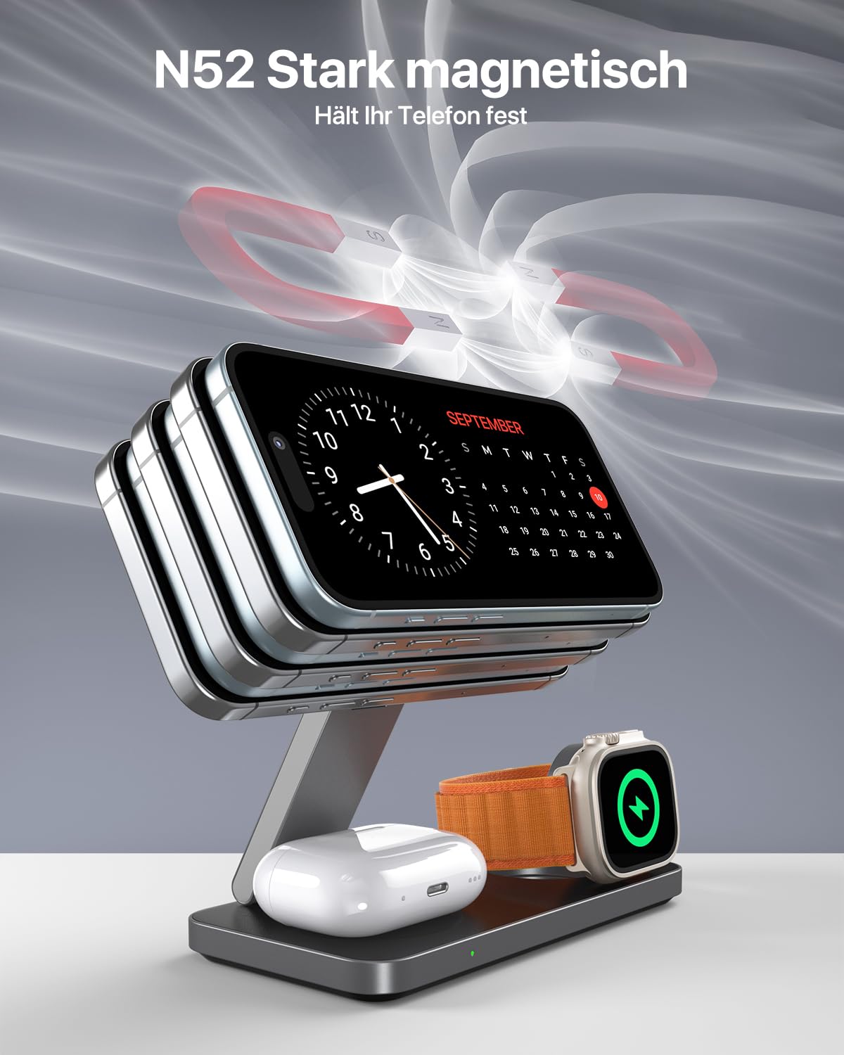 Induktive Ladestation Kompatibel mit Magsafe Ladegerät,QTlier 3 in 1 iPhone Ladestation für 15/14/13/12 Serie,30W Wireless Charger für Apple Watch 8/7/6/5/4/3/2/SE und AirPods 3/2/Pro (Tief Schwarz)