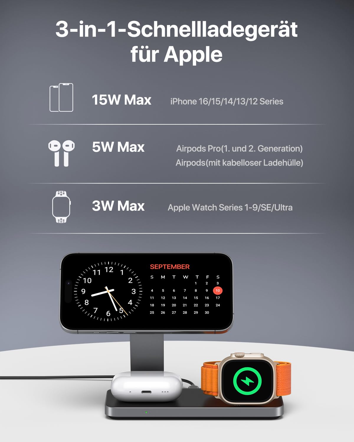 Induktive Ladestation Kompatibel mit Magsafe Ladegerät,QTlier 3 in 1 iPhone Ladestation für 15/14/13/12 Serie,30W Wireless Charger für Apple Watch 8/7/6/5/4/3/2/SE und AirPods 3/2/Pro (Tief Schwarz)