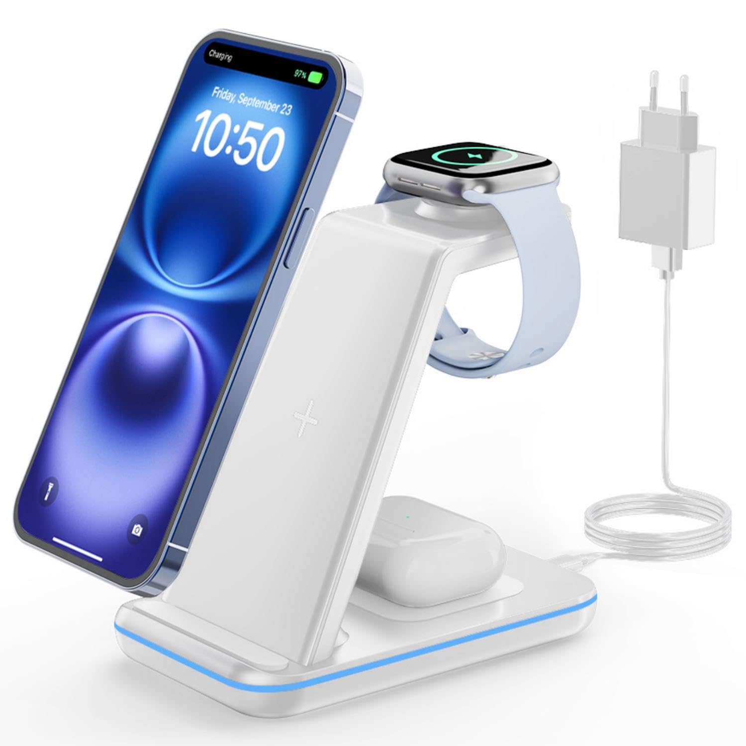 GEEKERA Wireless Charger, 3 in 1 Induktive Ladestation für iPhone 16/15/14/13/12/11/Pro Max/XS, Ladestation für Apple Watch Ultra/10/9/8/7/6/5/4/3/2/SE, Kabelloses Ladegerät für AirPods Pro/4/3/2-Weiß