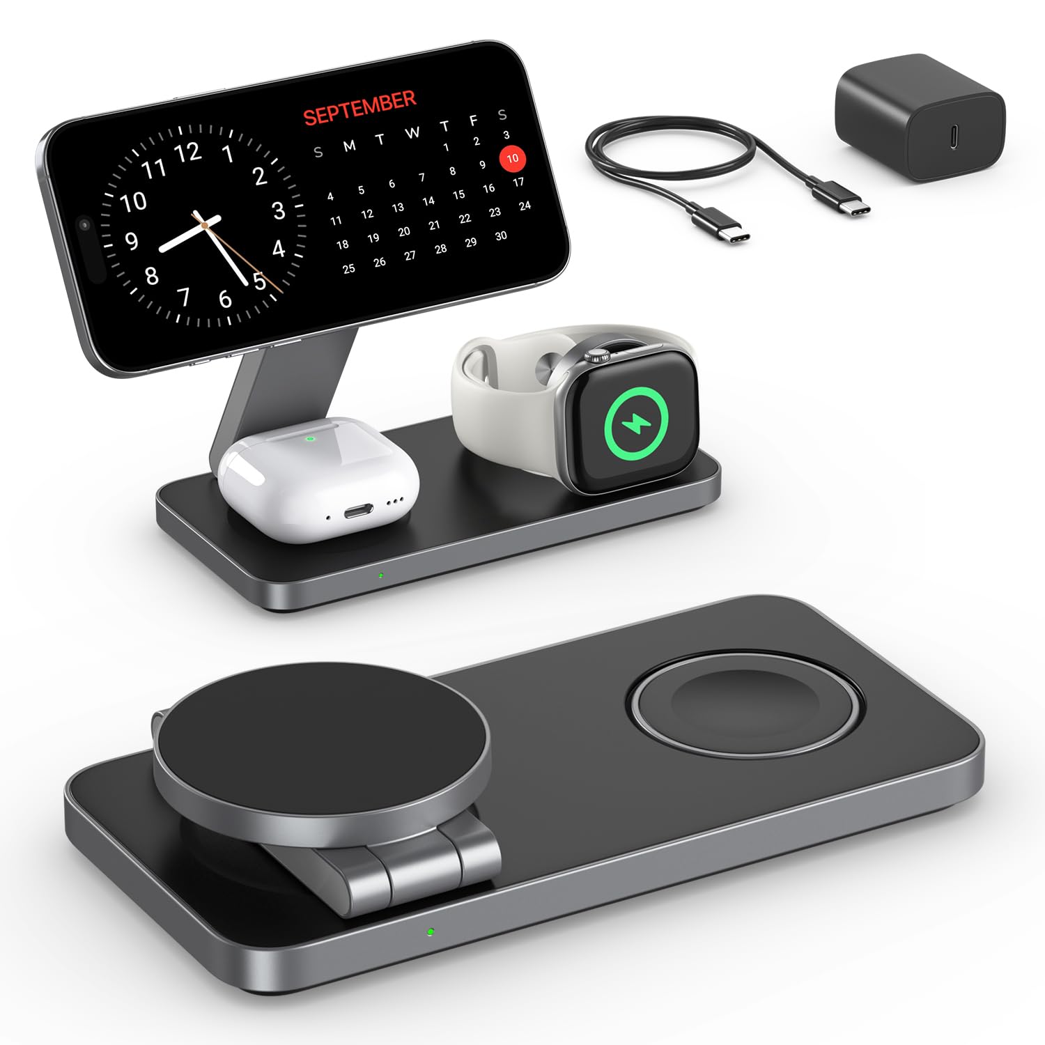 Induktive Ladestation Kompatibel mit Magsafe Ladegerät,QTlier 3 in 1 iPhone Ladestation für 15/14/13/12 Serie,30W Wireless Charger für Apple Watch 8/7/6/5/4/3/2/SE und AirPods 3/2/Pro (Tief Schwarz)