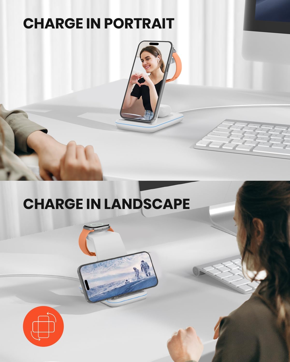 GEEKERA Wireless Charger, 3 in 1 Induktive Ladestation für iPhone 16/15/14/13/12/11/Pro Max/XS, Ladestation für Apple Watch Ultra/10/9/8/7/6/5/4/3/2/SE, Kabelloses Ladegerät für AirPods Pro/4/3/2-Weiß