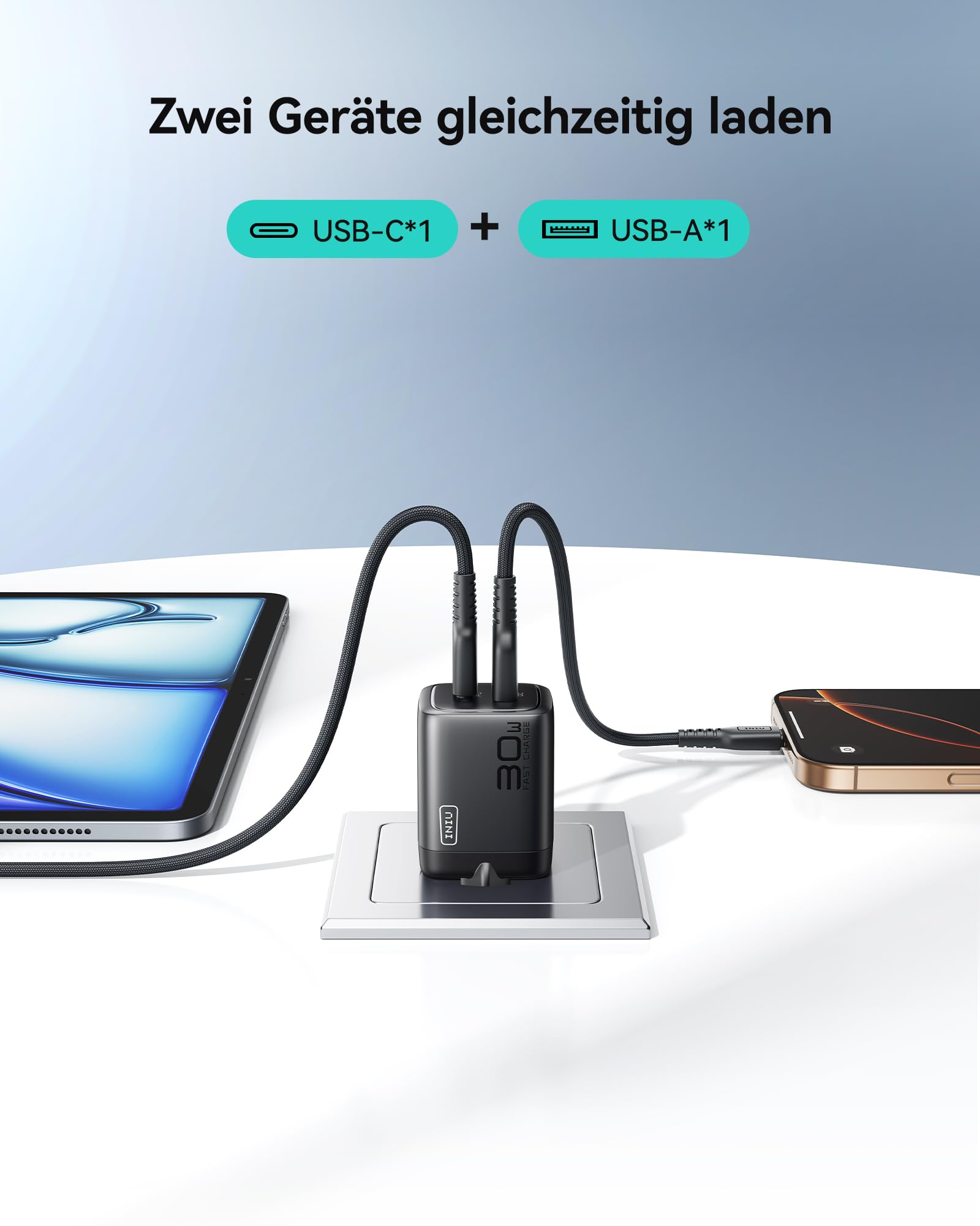 INIU 30W USB C Ladegerät 2-Pack, [USBC + USBA] Schnellladegerät mit Kabel, GaN PD Mehrfach Netzteil, USB C Charger für iPhone 16 15 Pro Max, iPad Pro, MacBook Air, Galaxy S25 S24 S23 Ultra, Google etc