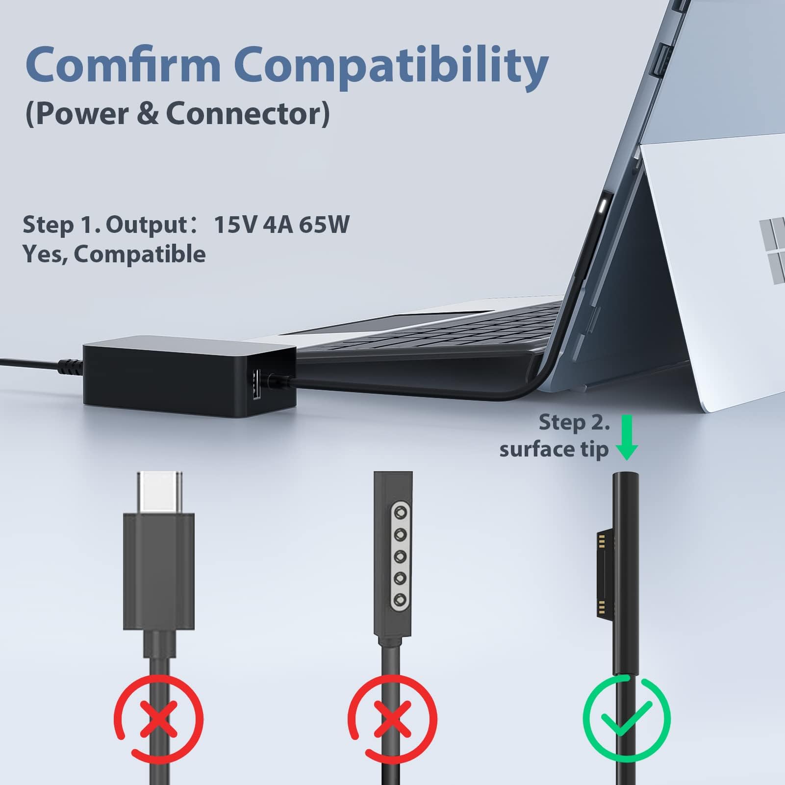 65W Surface Ladekabel 15V 4A Microsoft Ladegerät Netzteil für Surface Pro 11/X/10/9/8/7/ 7+/6/5/4/3, Surface Laptop 7/6/5/4/3/2/1, Surface Go 4/3/2/1, Surface Book 3/2/1, Model 1706 1796 1800 mit USB