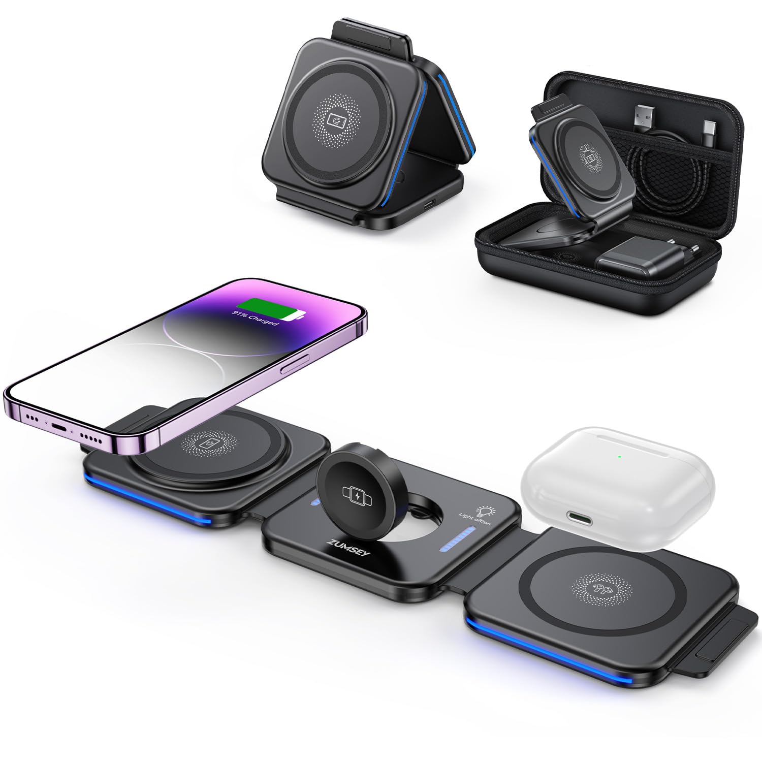 ZUMSEY 3 in 1 Faltbare Kabellose Ladestation, Induktive Ladestation für Apple Watch und iPhone, Wireless Charger für iPhone 16 15 14 13 12 11 Pro Max, für iWatch 10/9/Ultra/8/7/6/SE/5/4/3/AirPods
