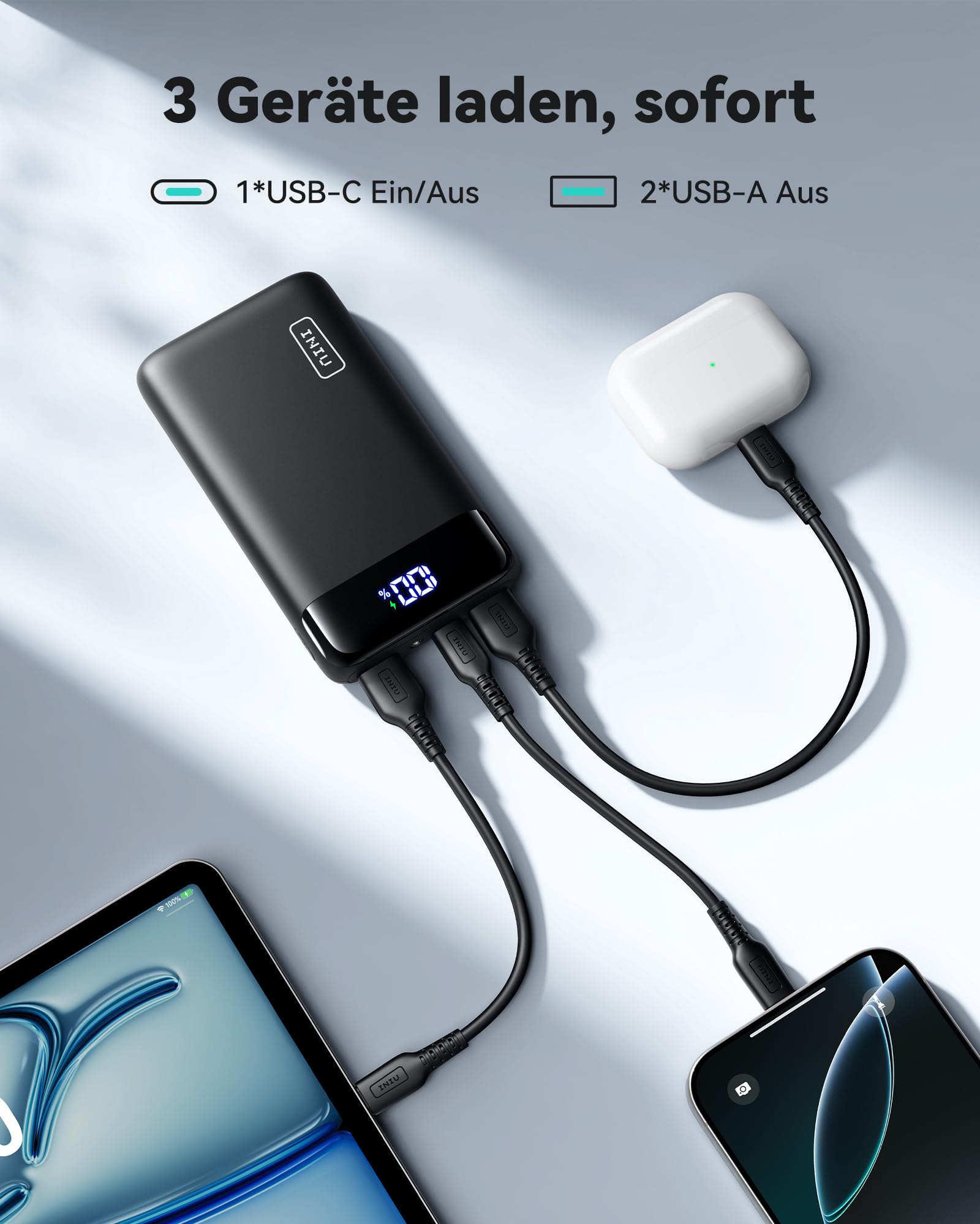 INIU Power Bank, 20000mAh 22.5W Klein Schnellladefunktion Powerbank 1 USB-C, 2 USB-A Mini Externe Handyakkus LED Display, Akkupack für iPhone 16 15 14 13 Xiaomi Samsung iPad Travel Camping Outdoor