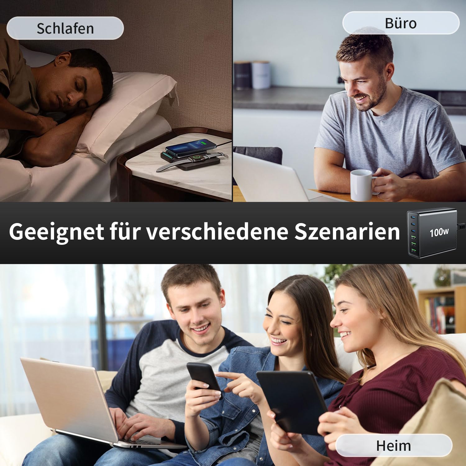 HSSNS USB C Ladegerät Mehrfach: 100W 6-Port Schnellladegerät mit USB-C und USB-A, Tragbarer netzteil für ipad, iPhone Series und andere Smartphones
