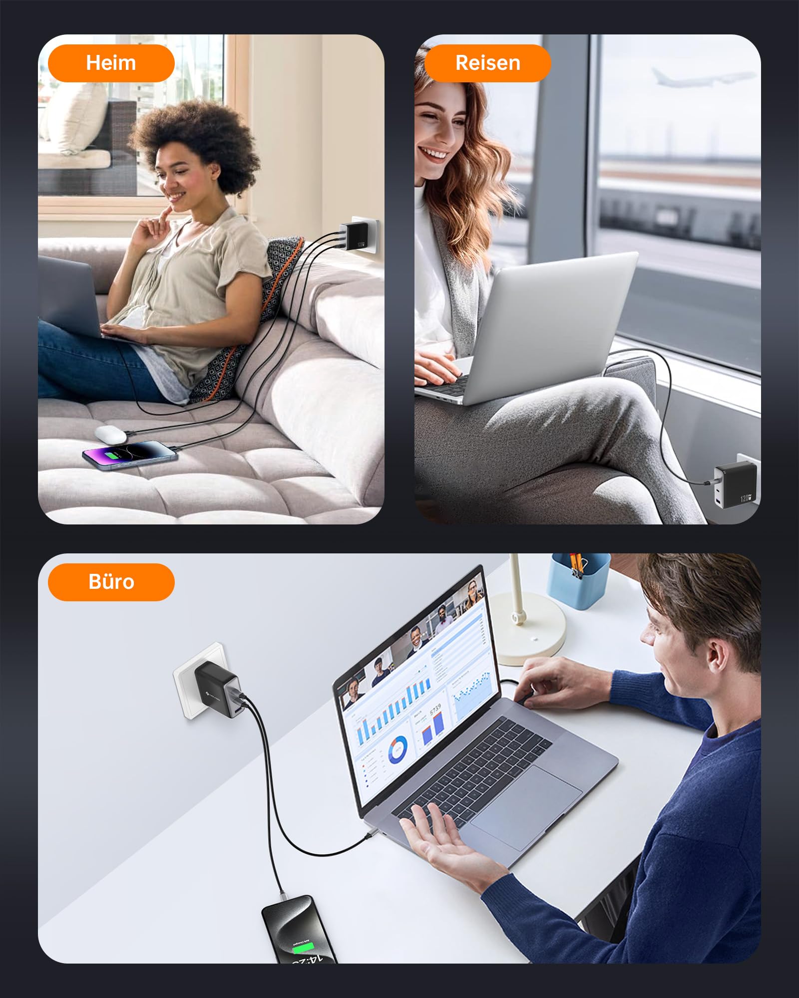 NOVOO 120W USB C Ladegerät GaN Ⅲ 3-Port USB C Netzteil Schnellladegerät mit 1 PD 100W Typ-C-Kabeln Wandladegerät für MacBook Pro 14'',Dell XPS 13,iPad Pro,iPhone 15,Galaxy S23,Note20,Apple Watch