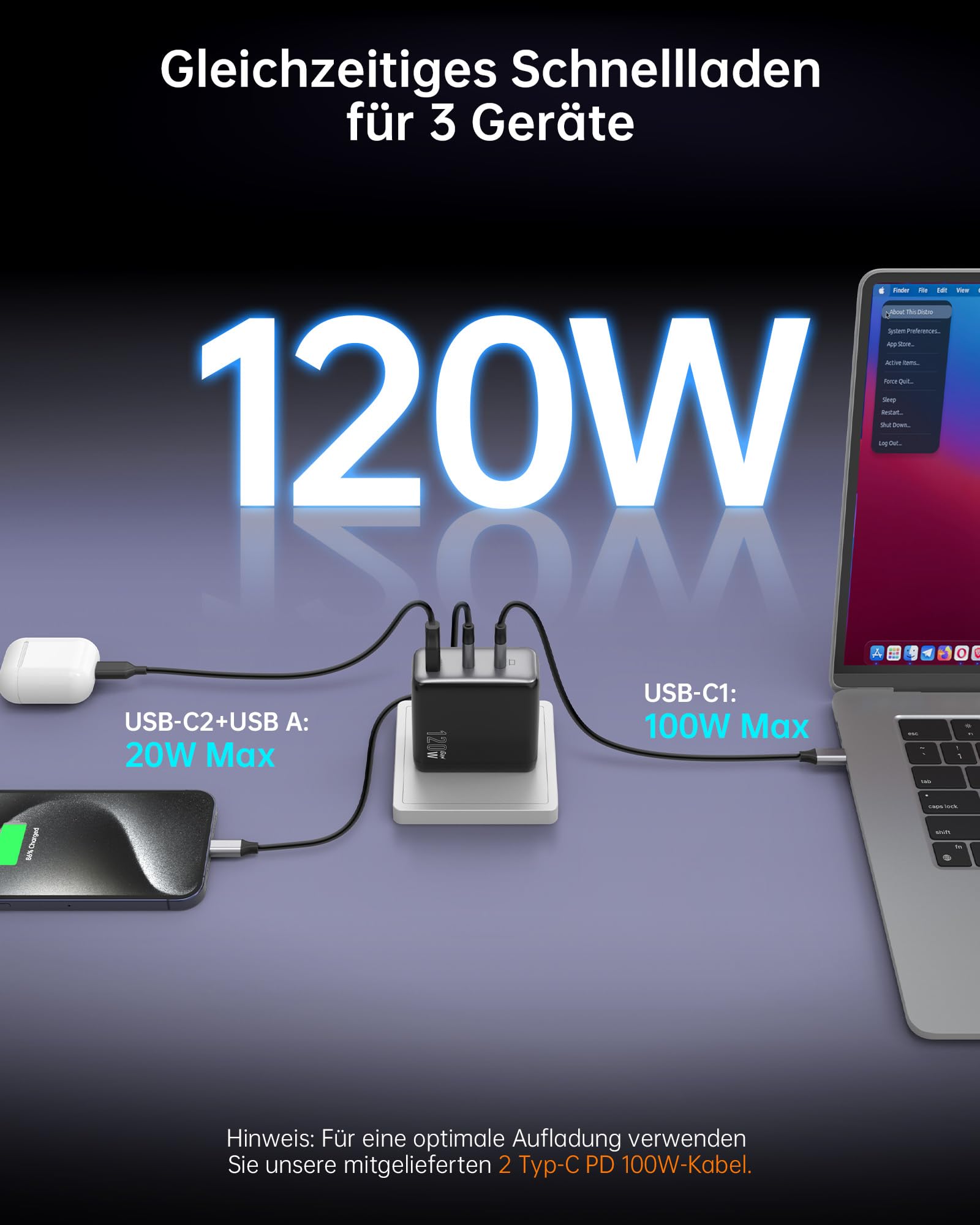 NOVOO 120W USB C Ladegerät GaN Ⅲ 3-Port USB C Netzteil Schnellladegerät mit 1 PD 100W Typ-C-Kabeln Wandladegerät für MacBook Pro 14'',Dell XPS 13,iPad Pro,iPhone 15,Galaxy S23,Note20,Apple Watch