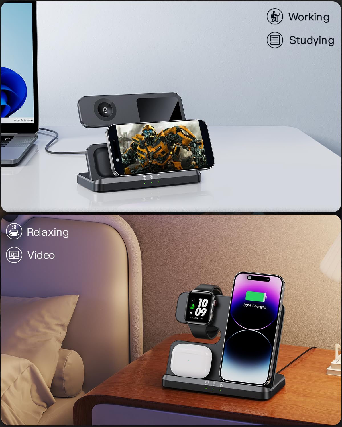 JARGOU 3 in 1 Kabelloses Ladegerät, Induktive Ladestation für Apple Watch und iPhone, Wireless Charger für iPhone 16 15 14 13 12 11 Pro Max, für Apple Watch 10/9/Ultra/8/7/6/SE/5/4/3/AirPods Pro 4 3 2