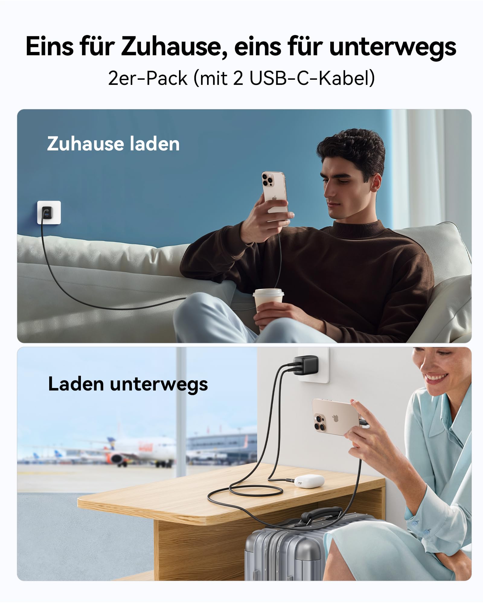 INIU 30W USB C Ladegerät 2-Pack, [USBC + USBA] Schnellladegerät mit Kabel, GaN PD Mehrfach Netzteil, USB C Charger für iPhone 16 15 Pro Max, iPad Pro, MacBook Air, Galaxy S25 S24 S23 Ultra, Google etc