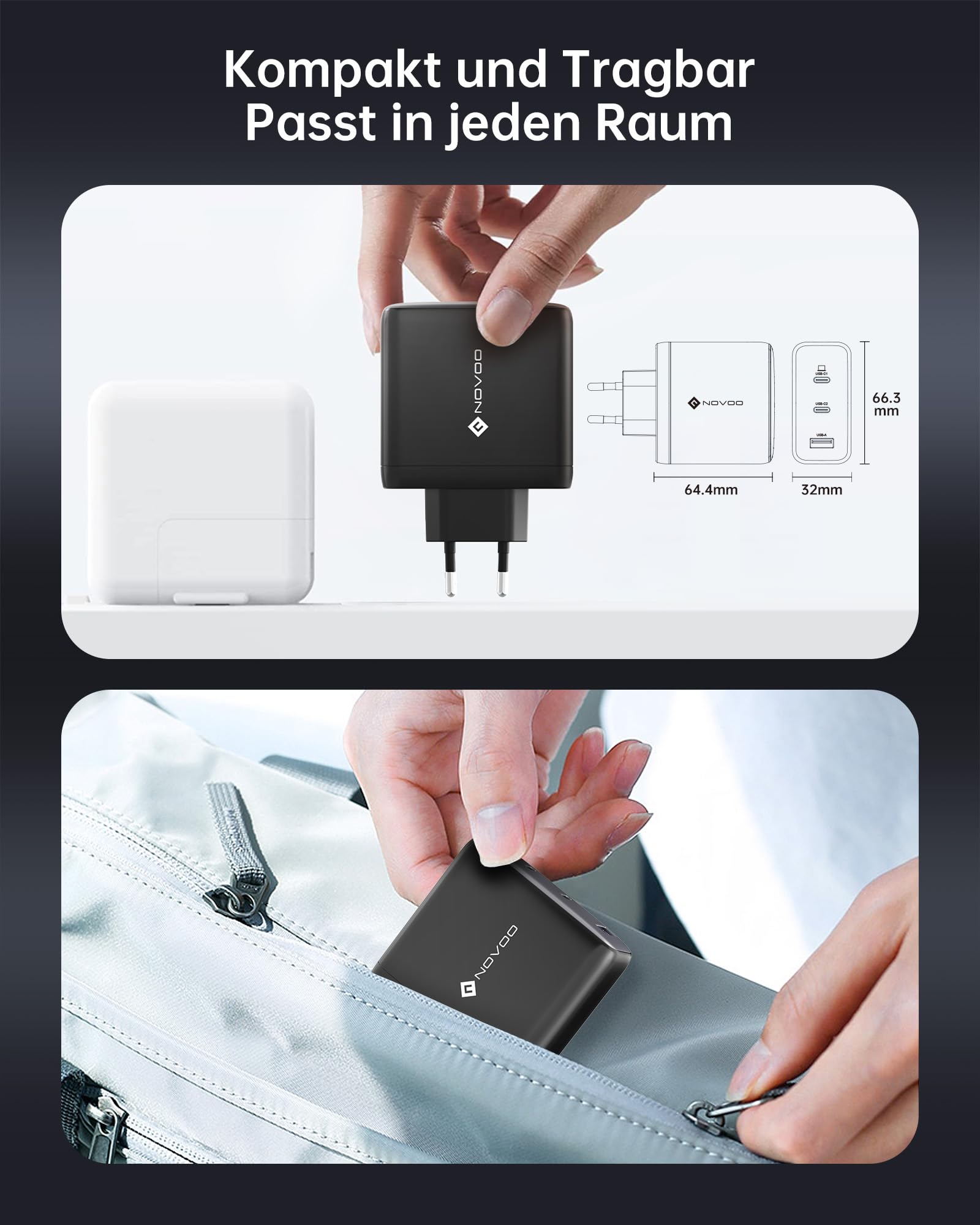 NOVOO 120W USB C Ladegerät GaN Ⅲ 3-Port USB C Netzteil Schnellladegerät mit 1 PD 100W Typ-C-Kabeln Wandladegerät für MacBook Pro 14'',Dell XPS 13,iPad Pro,iPhone 15,Galaxy S23,Note20,Apple Watch