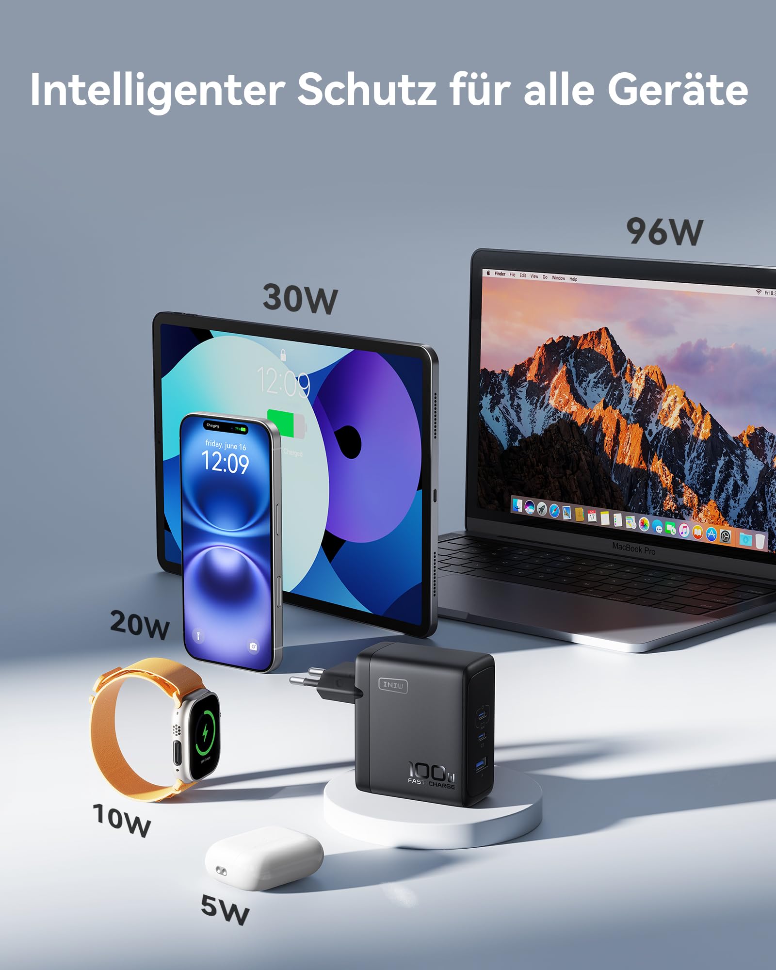 INIU 100W USB C Ladegerät, Laptop Schnellladegerät mit USB C Kabel, GaN 3-Port Mehrfach Netzteil für MacBook Air Pro, iPad, iPhone 16 15 14 Pro Max, Samsung Galaxy S25 S24 Ultra, Pixel, Switch 2 etc