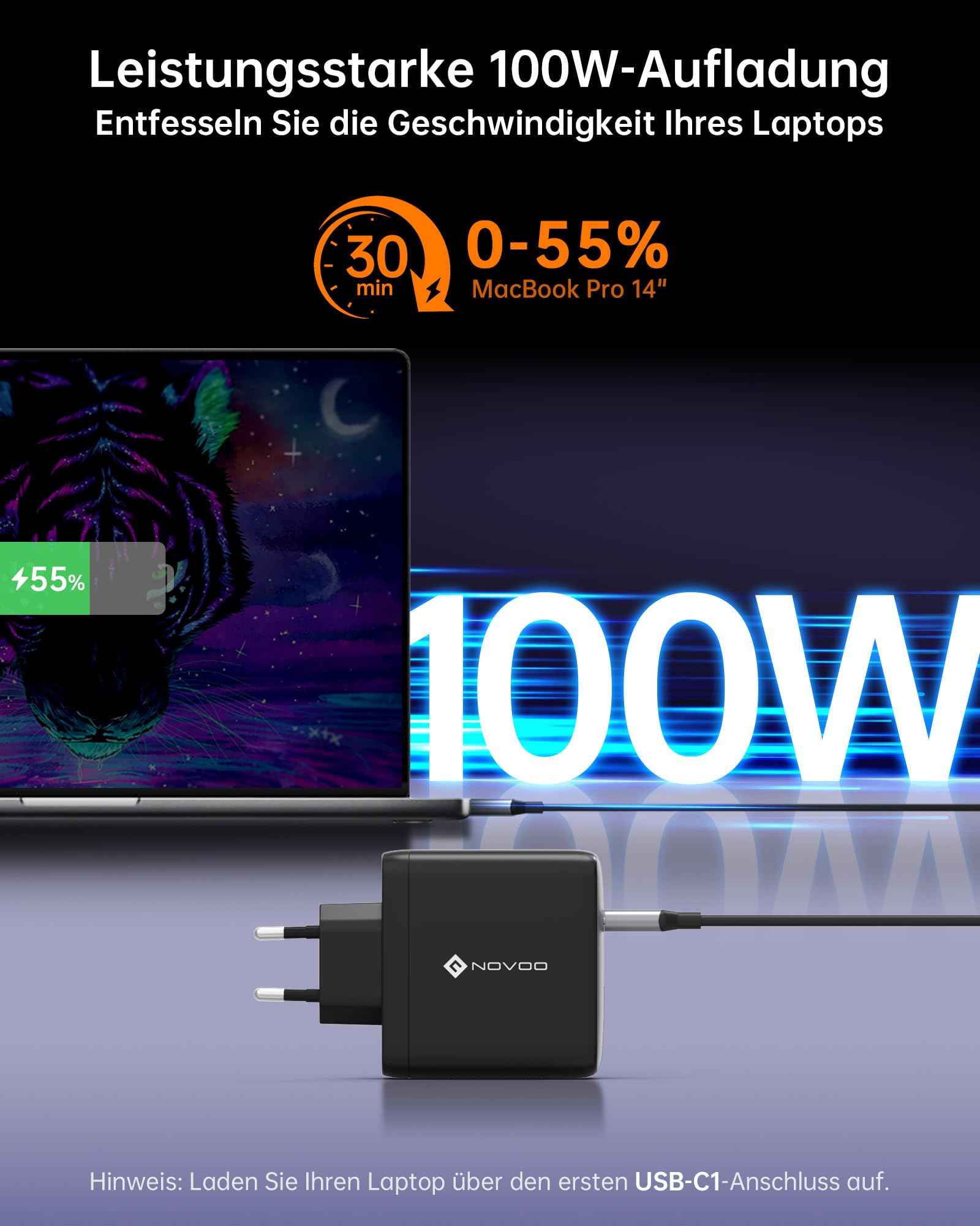 NOVOO 120W USB C Ladegerät GaN Ⅲ 3-Port USB C Netzteil Schnellladegerät mit 1 PD 100W Typ-C-Kabeln Wandladegerät für MacBook Pro 14'',Dell XPS 13,iPad Pro,iPhone 15,Galaxy S23,Note20,Apple Watch