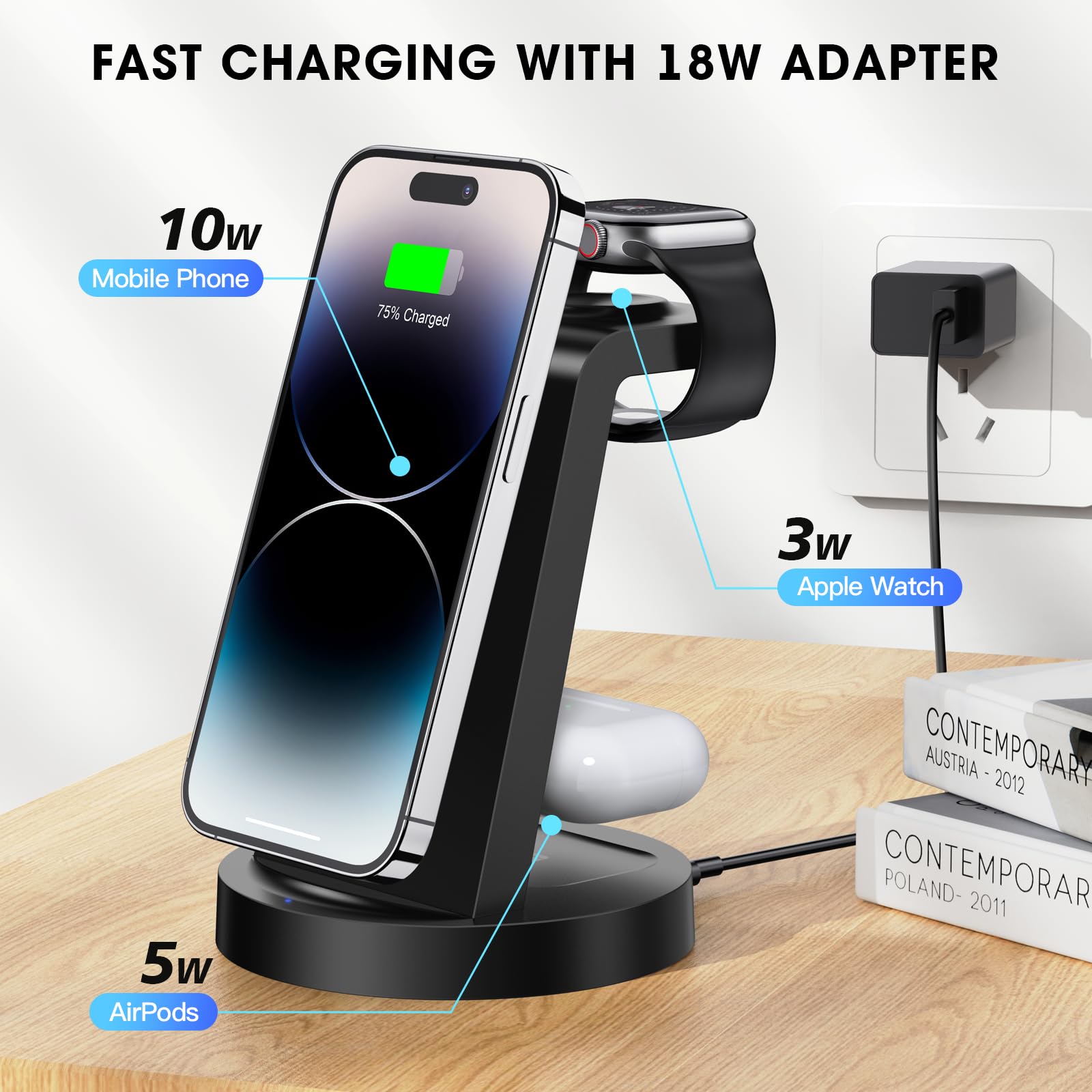 3 in 1 iPhone Ladestation Schnelles Kabelloses Ladegerät für Apple - Wireless Charger für 16e 16 15 14 13 12 11 X Pro Max & Apple Watch 10 9 8 7 6 SE 5 4 3 2 Air Pods 4 3 Pro mit 18W Fast Adapter