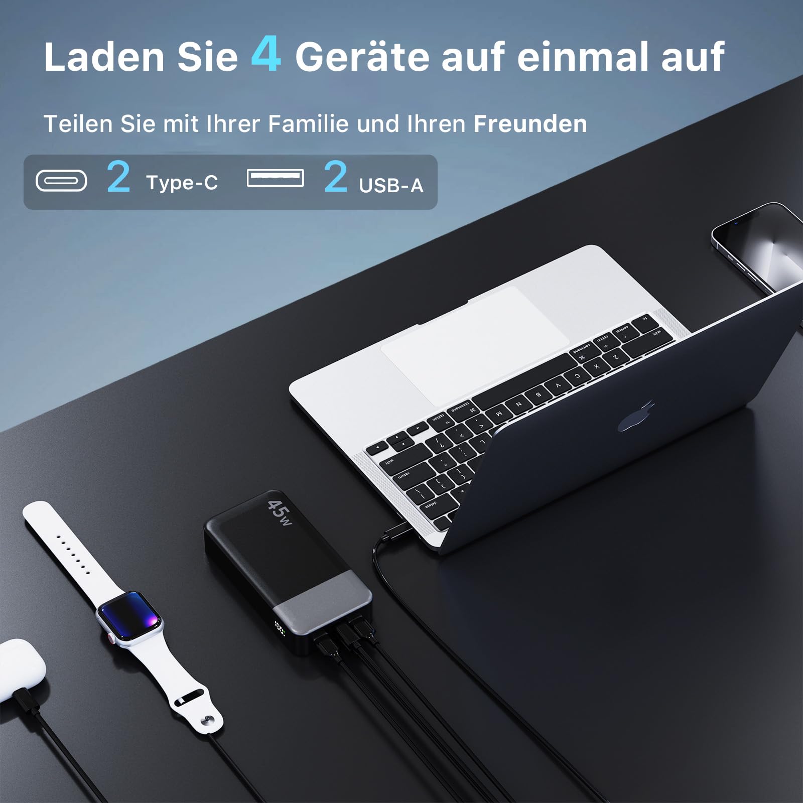 NOBIS Power Bank, Powerbank 20000mAh, 45W Externe Handyakkus Schnellladen, Externer Akku mit C zu C Kabel, Tragbares Ladegerät mit Digitalanzeige für Phone Android Laptop etc(Schwarz)