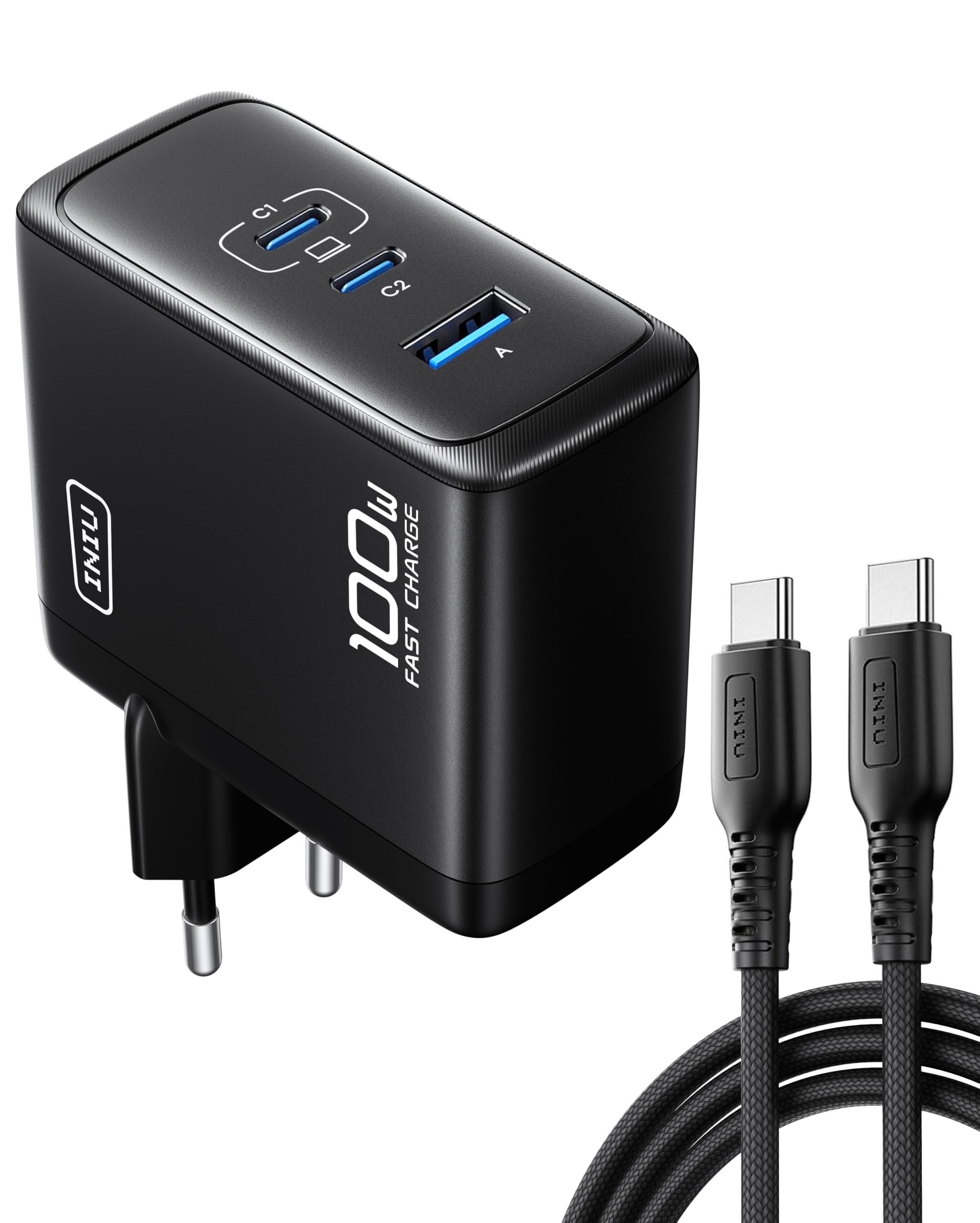 INIU 100W USB C Ladegerät, Laptop Schnellladegerät mit USB C Kabel, GaN 3-Port Mehrfach Netzteil für MacBook Air Pro, iPad, iPhone 16 15 14 Pro Max, Samsung Galaxy S25 S24 Ultra, Pixel, Switch 2 etc