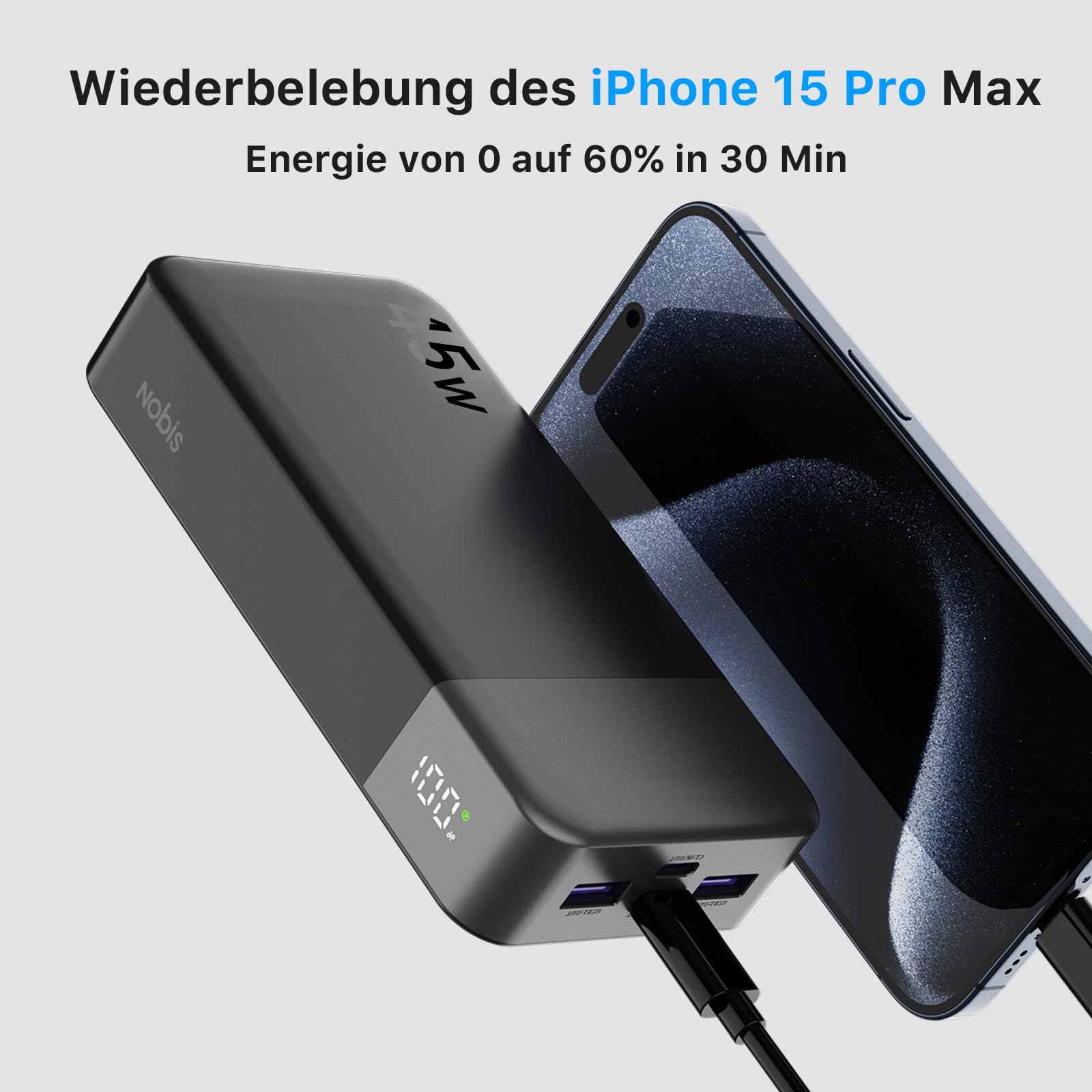 NOBIS Power Bank, Powerbank 20000mAh, 45W Externe Handyakkus Schnellladen, Externer Akku mit C zu C Kabel, Tragbares Ladegerät mit Digitalanzeige für Phone Android Laptop etc(Schwarz)