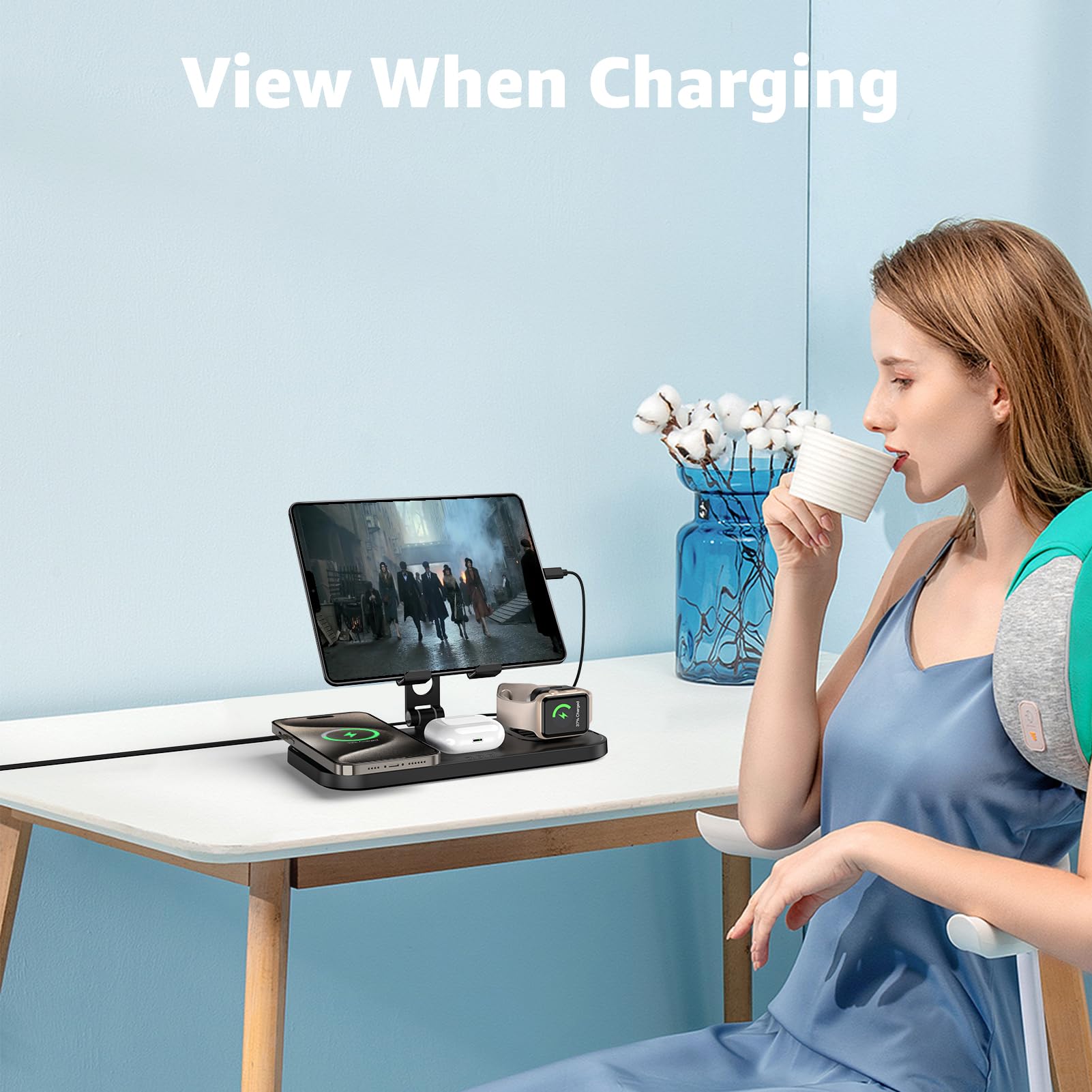 kabelloses Ladegerät für Apple, 4 in 1 Drahtlose Ladestation für iPhone 16/15/14/13/12/11, Ladestation für Apple Watch 10/9/8/7/6/SE, Ladegerät für AirPods 4/Pro, iPad, 2 Ladekabel Enthalten (Schwarz)