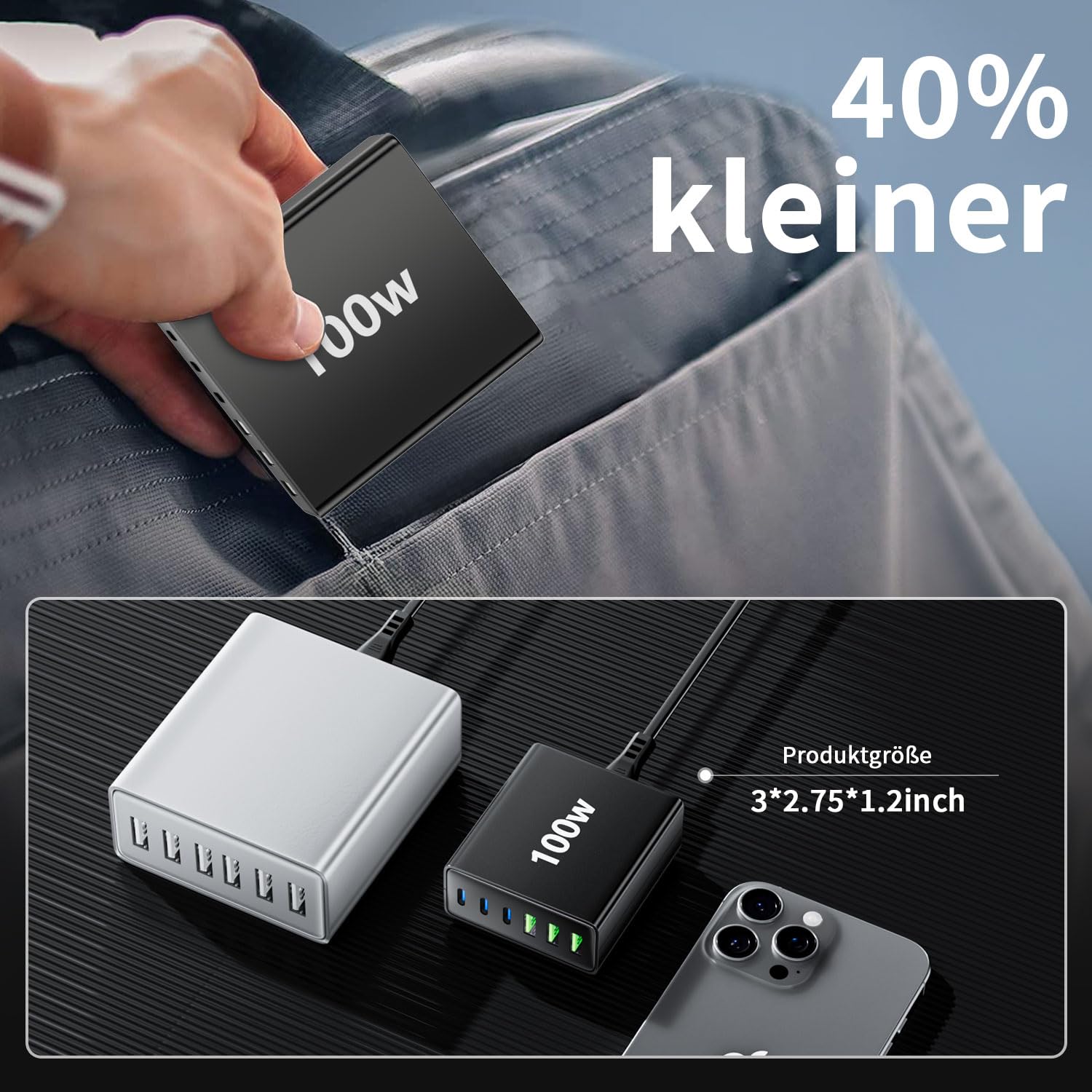 HSSNS USB C Ladegerät Mehrfach: 100W 6-Port Schnellladegerät mit USB-C und USB-A, Tragbarer netzteil für ipad, iPhone Series und andere Smartphones
