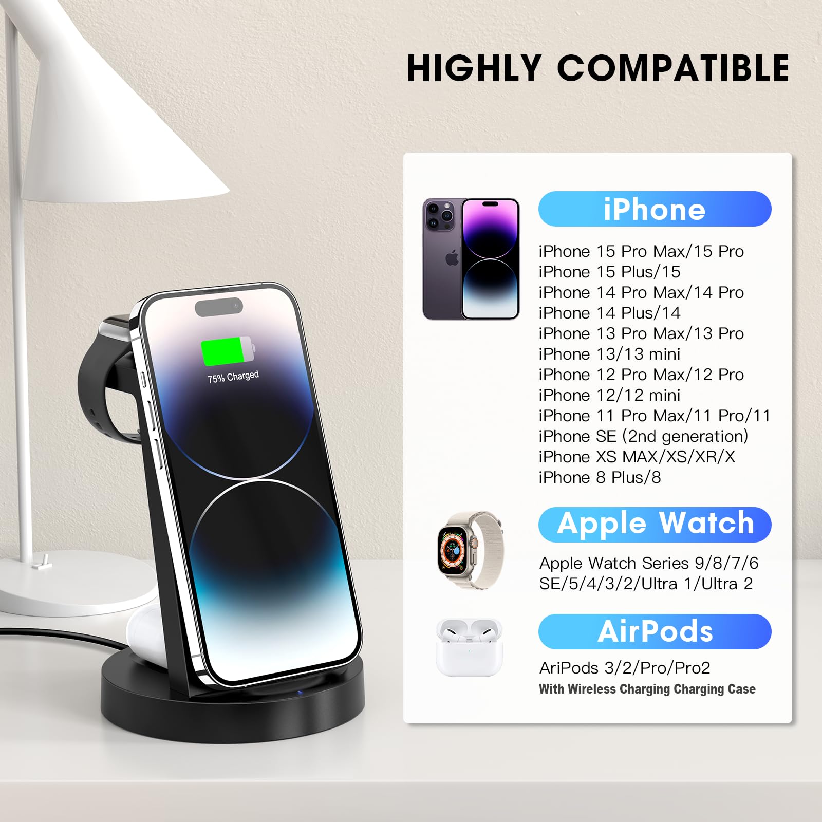 3 in 1 iPhone Ladestation Schnelles Kabelloses Ladegerät für Apple - Wireless Charger für 16e 16 15 14 13 12 11 X Pro Max & Apple Watch 10 9 8 7 6 SE 5 4 3 2 Air Pods 4 3 Pro mit 18W Fast Adapter