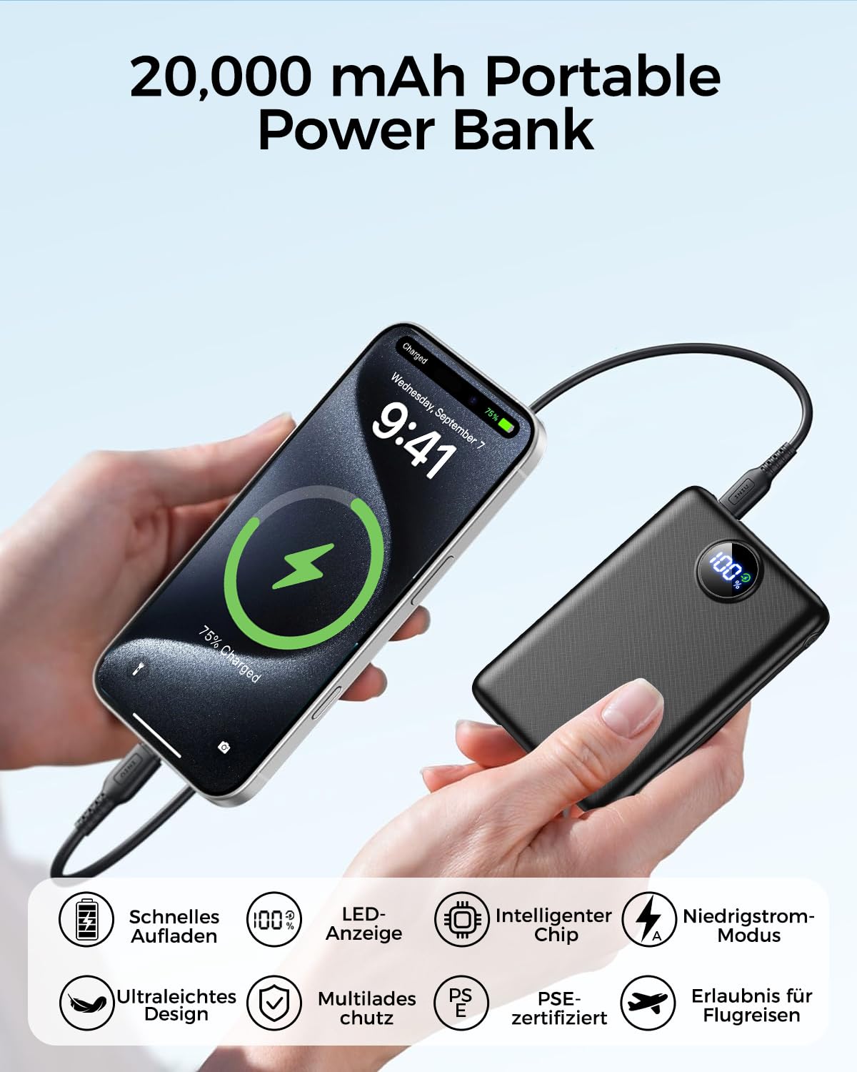 Power Bank 20000mAh, 22.5W Mini PowerBank USB-C Input & Output, PD 3.0 QC 3.0 Externe Handyakkus mit LED Display, Kompatibel mit iPhone 16 15 14 13