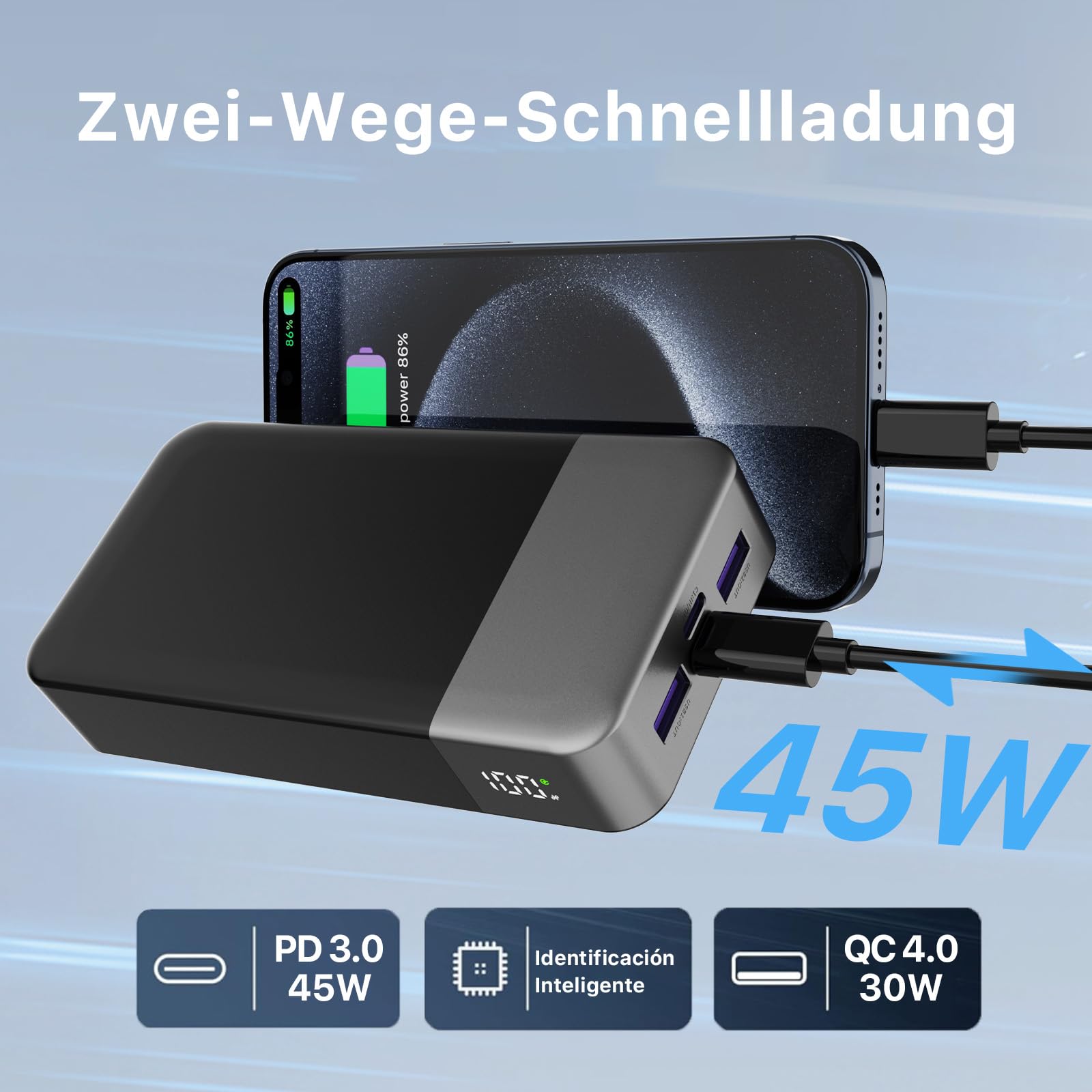 NOBIS Power Bank, Powerbank 20000mAh, 45W Externe Handyakkus Schnellladen, Externer Akku mit C zu C Kabel, Tragbares Ladegerät mit Digitalanzeige für Phone Android Laptop etc(Schwarz)