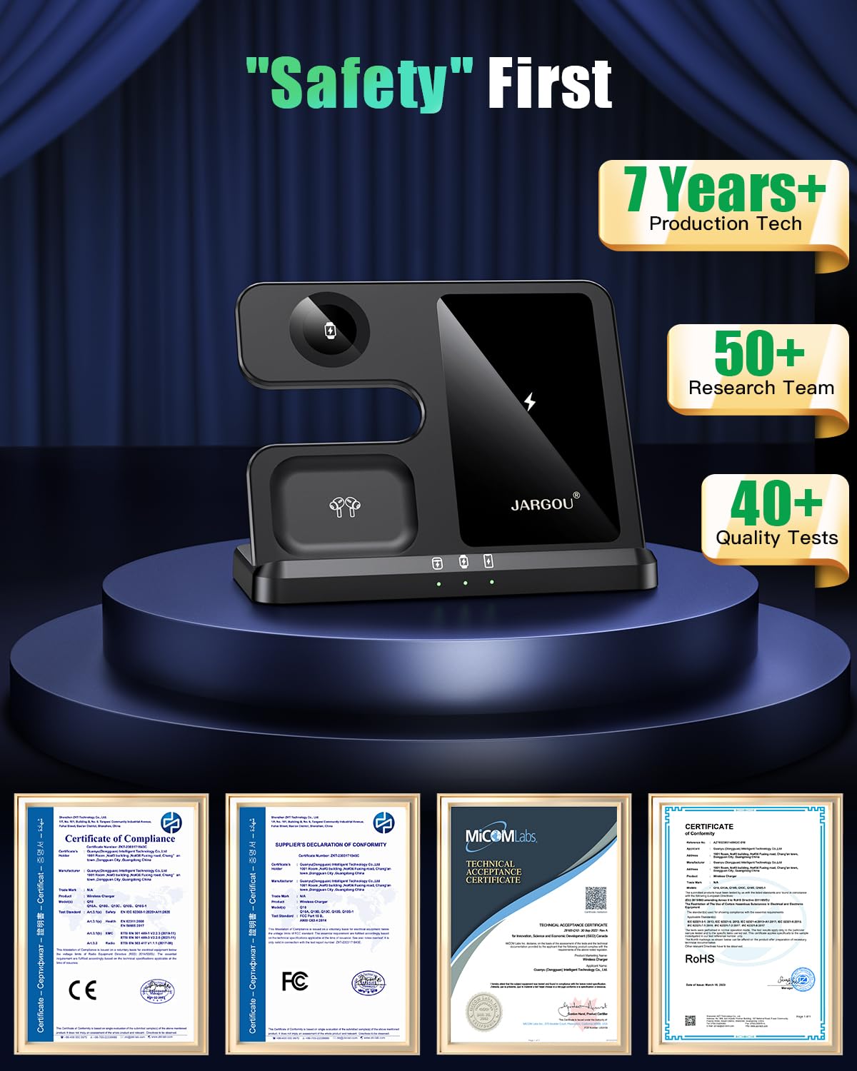 JARGOU 3 in 1 Kabelloses Ladegerät, Induktive Ladestation für Apple Watch und iPhone, Wireless Charger für iPhone 16 15 14 13 12 11 Pro Max, für Apple Watch 10/9/Ultra/8/7/6/SE/5/4/3/AirPods Pro 4 3 2