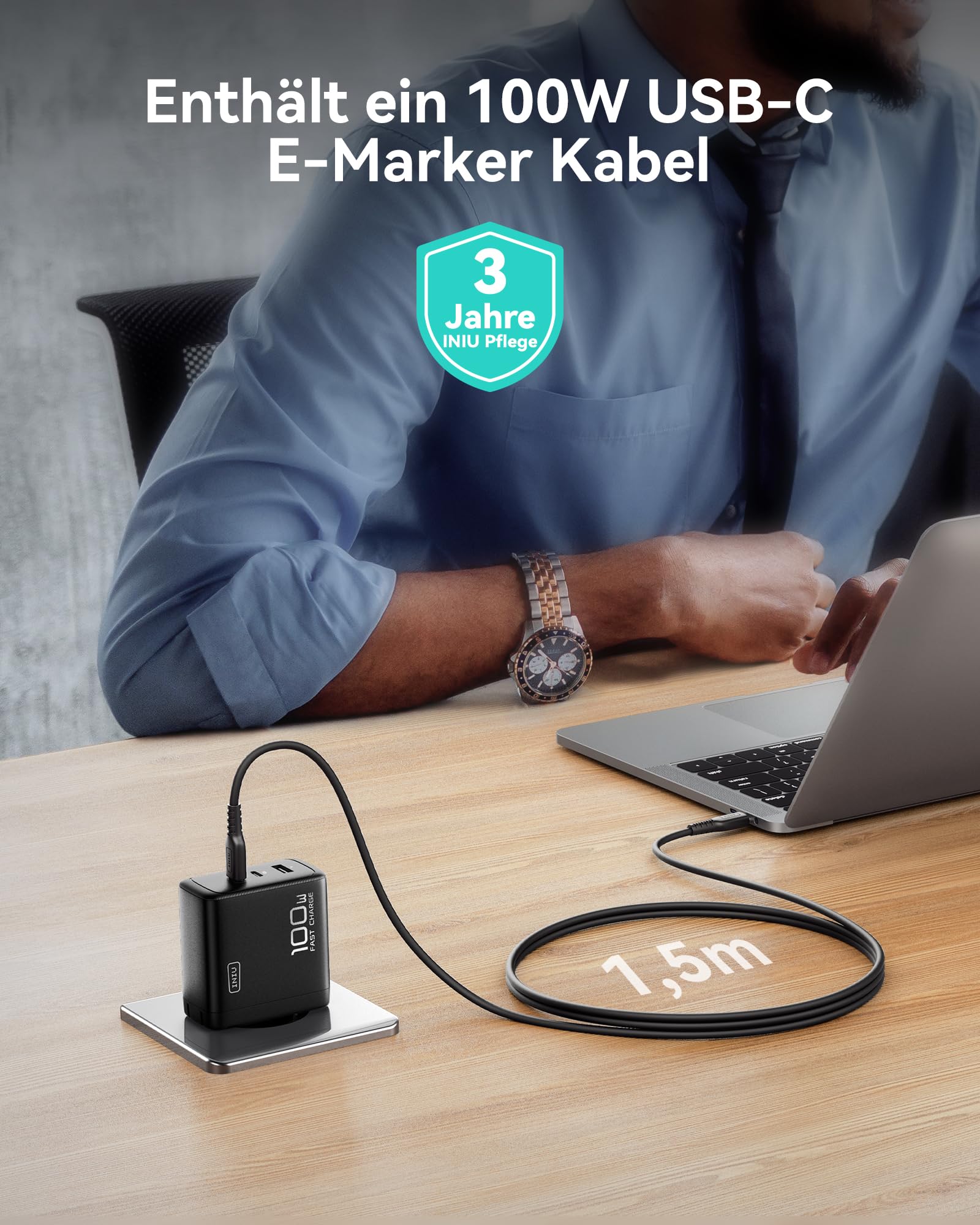 INIU 100W USB C Ladegerät, Laptop Schnellladegerät mit USB C Kabel, GaN 3-Port Mehrfach Netzteil für MacBook Air Pro, iPad, iPhone 16 15 14 Pro Max, Samsung Galaxy S25 S24 Ultra, Pixel, Switch 2 etc