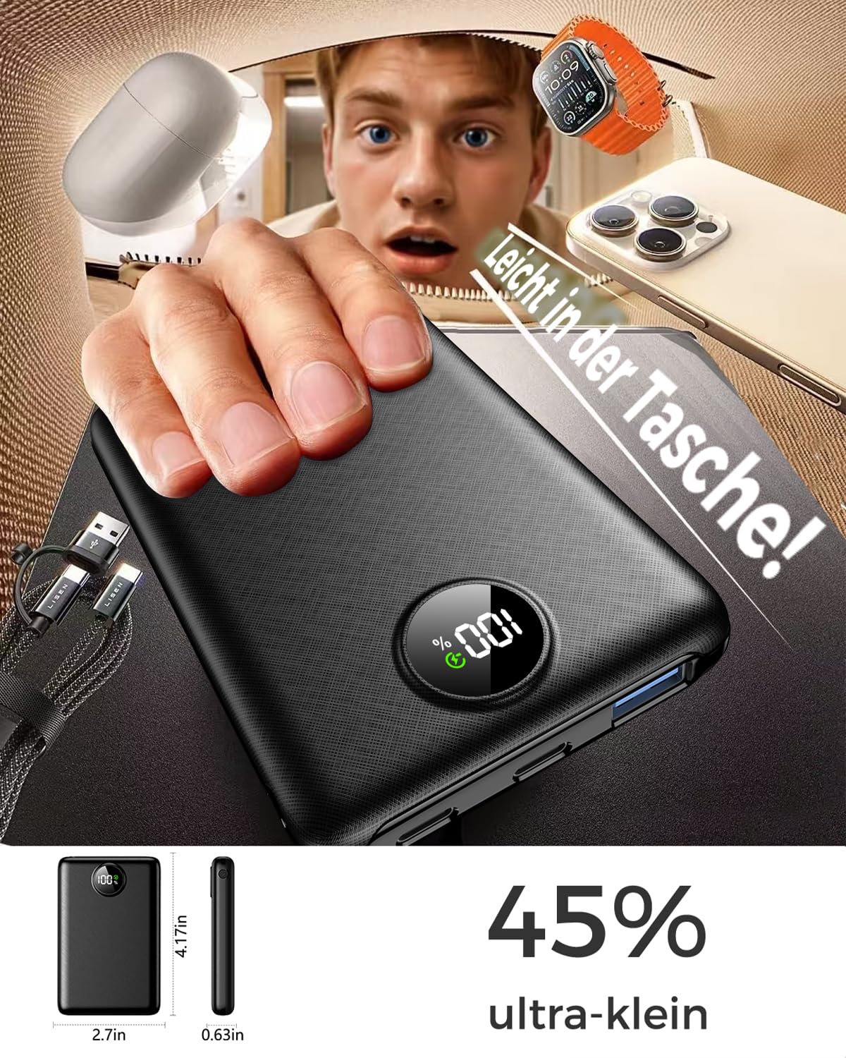 Power Bank 20000mAh, 22.5W Mini PowerBank USB-C Input & Output, PD 3.0 QC 3.0 Externe Handyakkus mit LED Display, Kompatibel mit iPhone 16 15 14 13