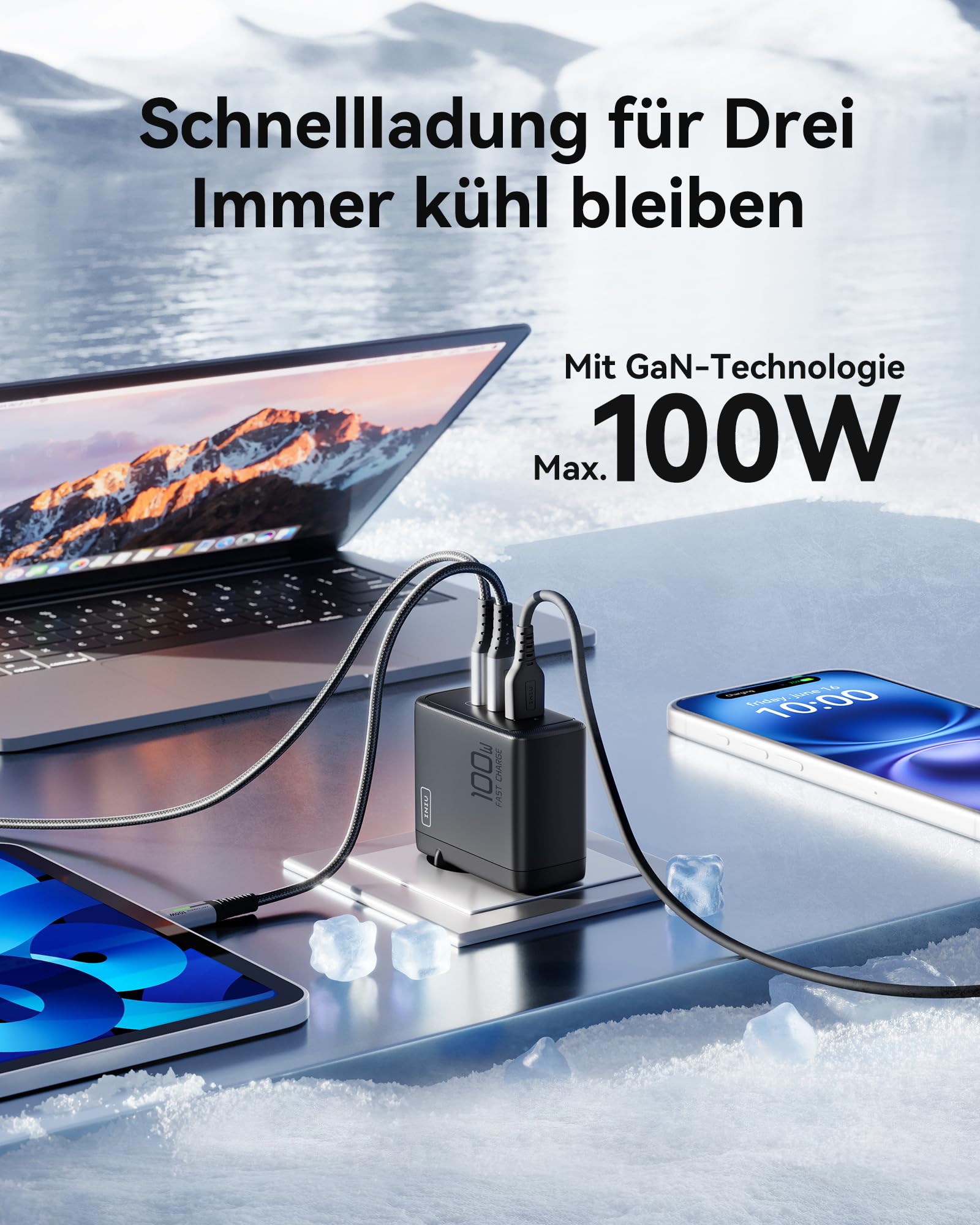 INIU 100W USB C Ladegerät, Laptop Schnellladegerät mit USB C Kabel, GaN 3-Port Mehrfach Netzteil für MacBook Air Pro, iPad, iPhone 16 15 14 Pro Max, Samsung Galaxy S25 S24 Ultra, Pixel, Switch 2 etc