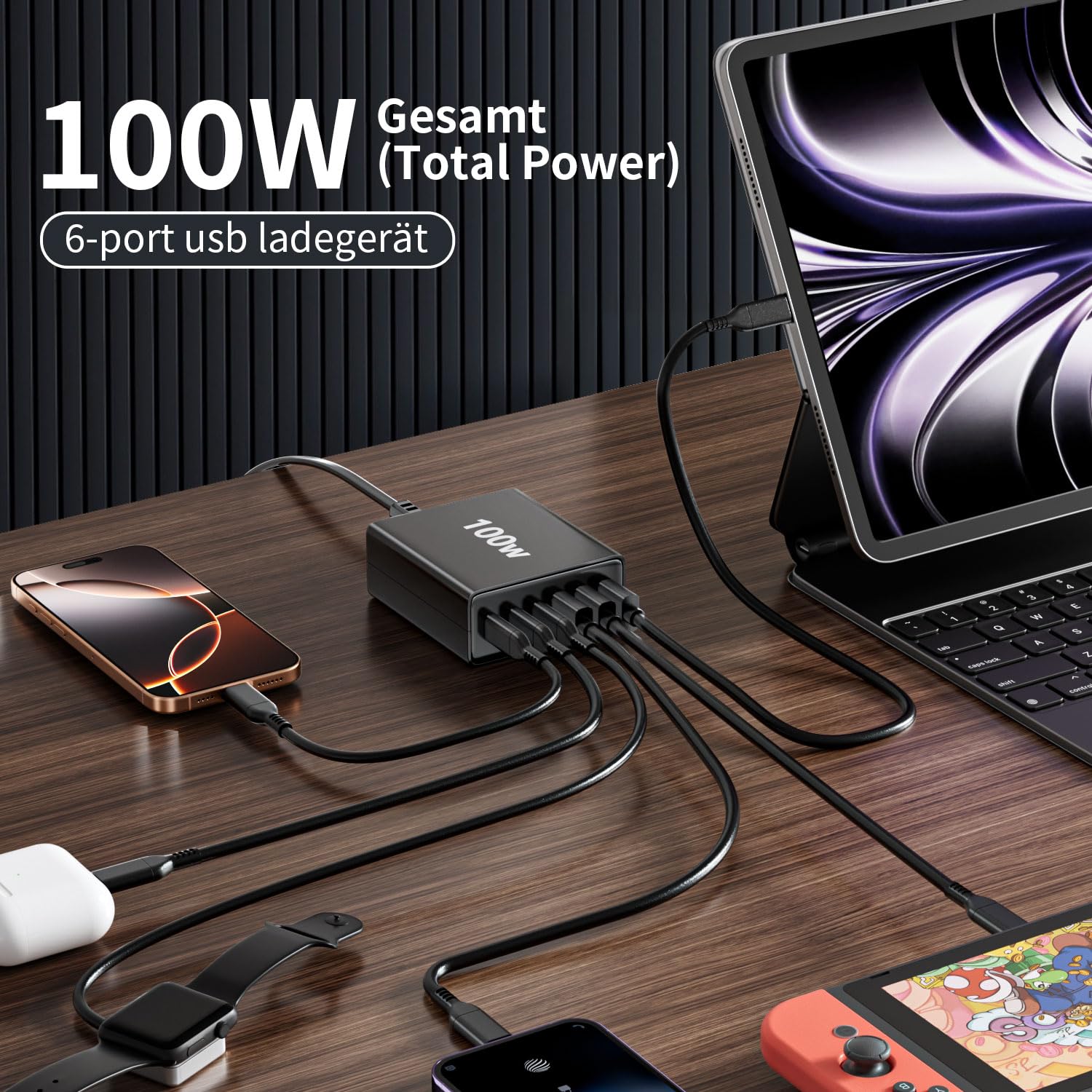 HSSNS USB C Ladegerät Mehrfach: 100W 6-Port Schnellladegerät mit USB-C und USB-A, Tragbarer netzteil für ipad, iPhone Series und andere Smartphones