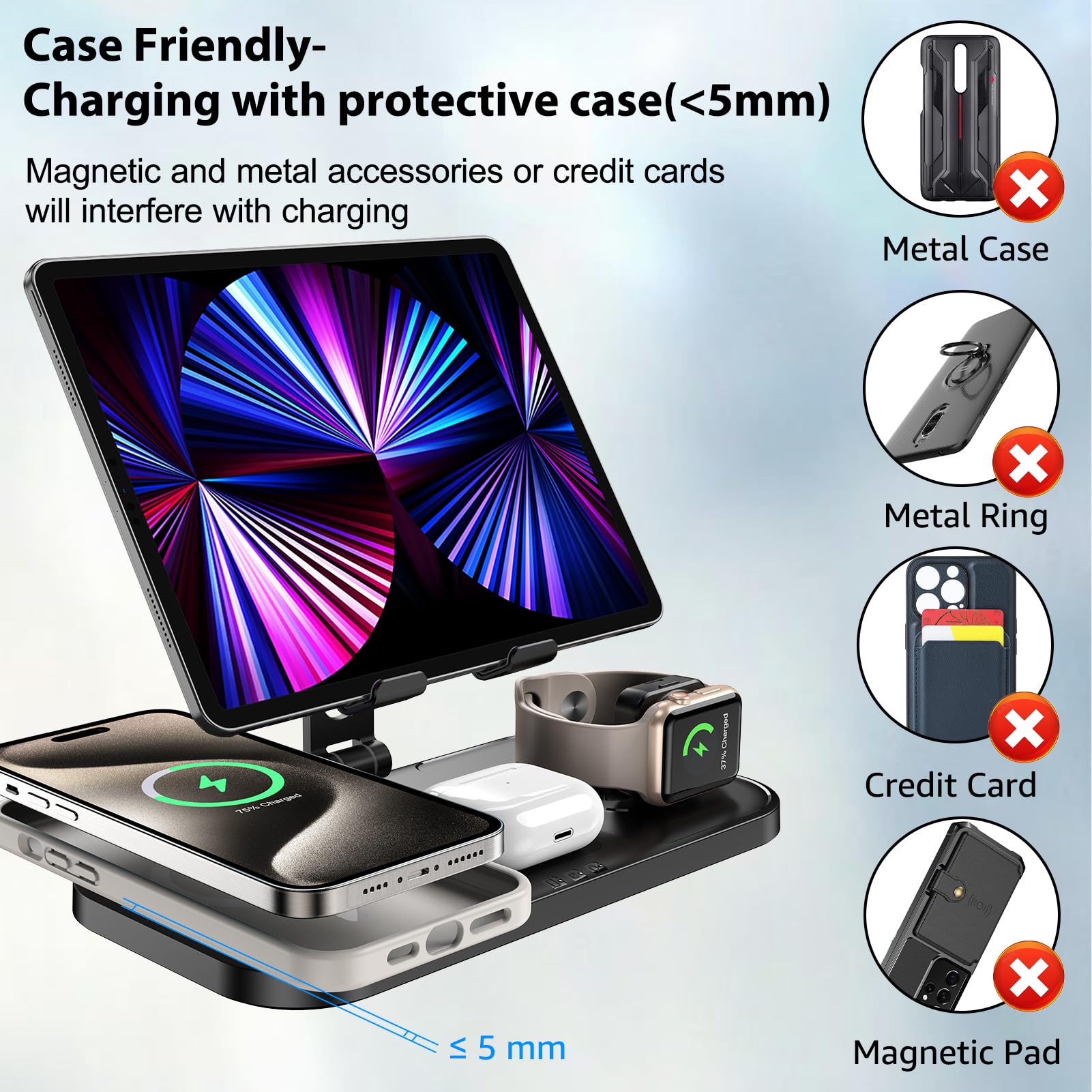 kabelloses Ladegerät für Apple, 4 in 1 Drahtlose Ladestation für iPhone 16/15/14/13/12/11, Ladestation für Apple Watch 10/9/8/7/6/SE, Ladegerät für AirPods 4/Pro, iPad, 2 Ladekabel Enthalten (Schwarz)